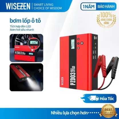 Kích Bình Kiêm Bơm Lốp ô Tô Wisezen đa Năng 4IN1 Kích Nổ Máy Bơm Lốp Xe Sạc Dự Phòng đèn Pin Cao