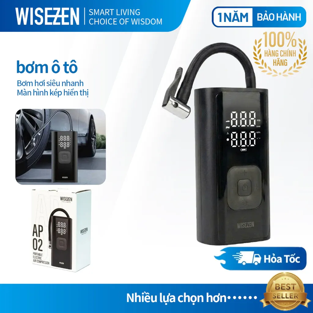 Máy Bơm Hơi Lốp Với đồng Hồ đo áp Suất Lốp Kỹ Thuật Số Và đèn LED Wisezen Máy Nén Khí Cho ô Tô Và Xe đạp Xe Máy
