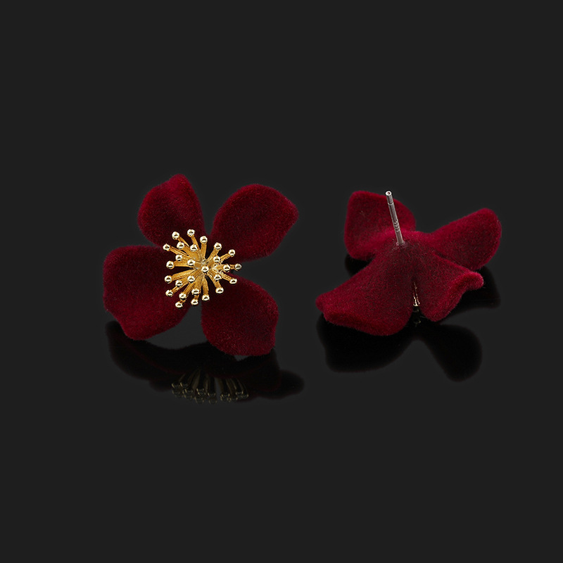 紅色花朵甜美絲絨耳釘/耳夾（規格可選）