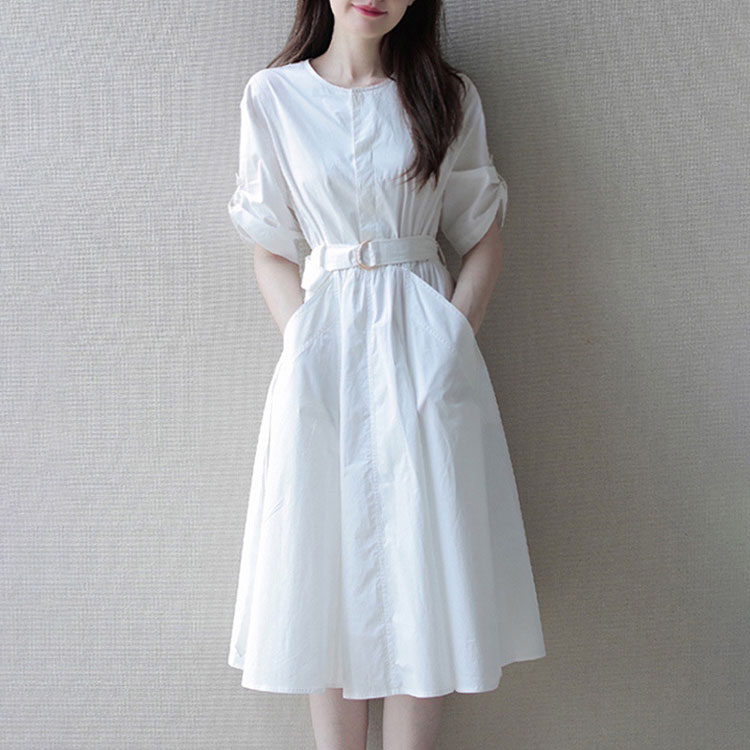 法式優雅森系捲邊袖係腰帶白色連衣裙