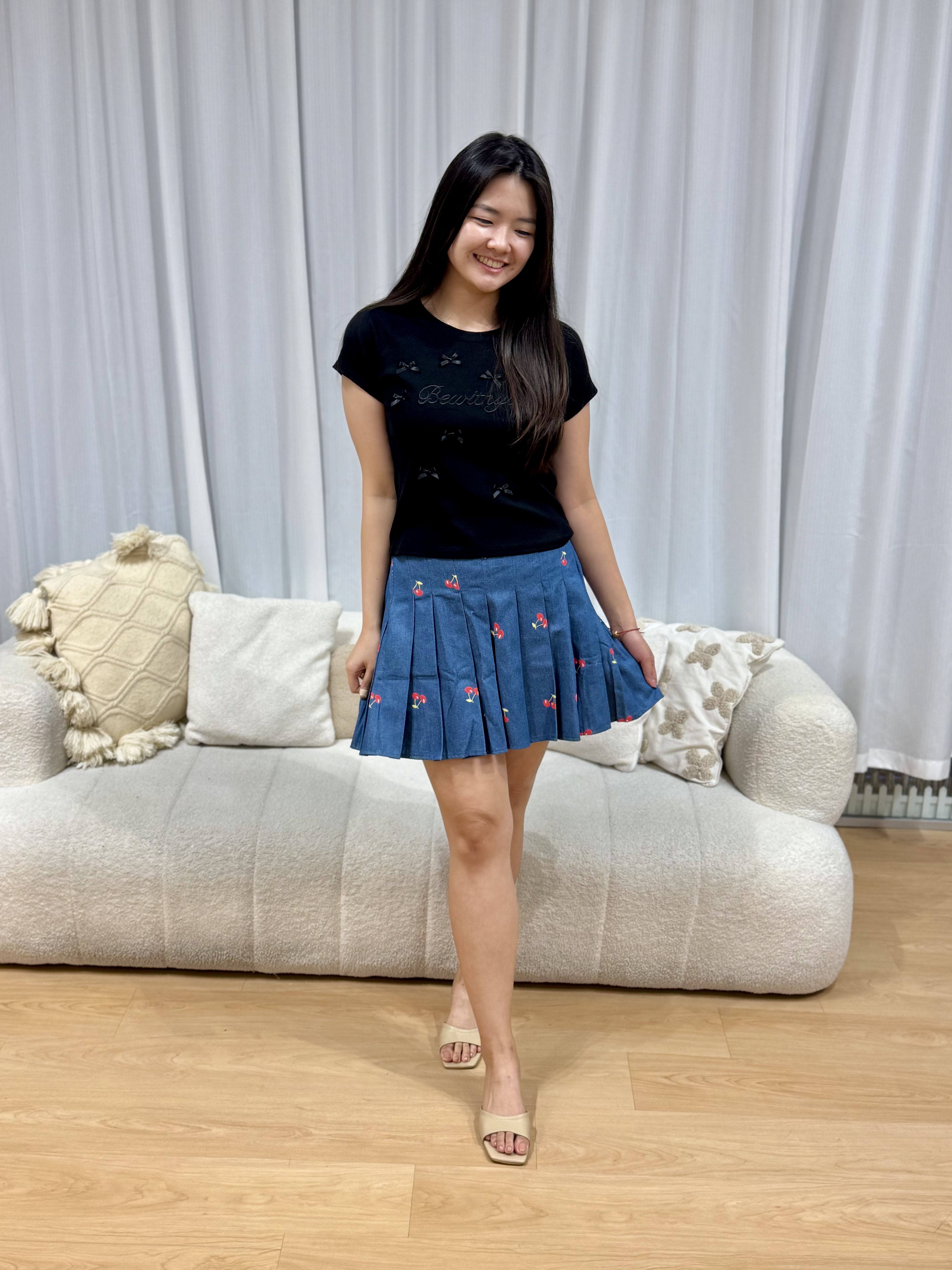 Pleated Cherry Denim Skirts | Plus Size Skorts