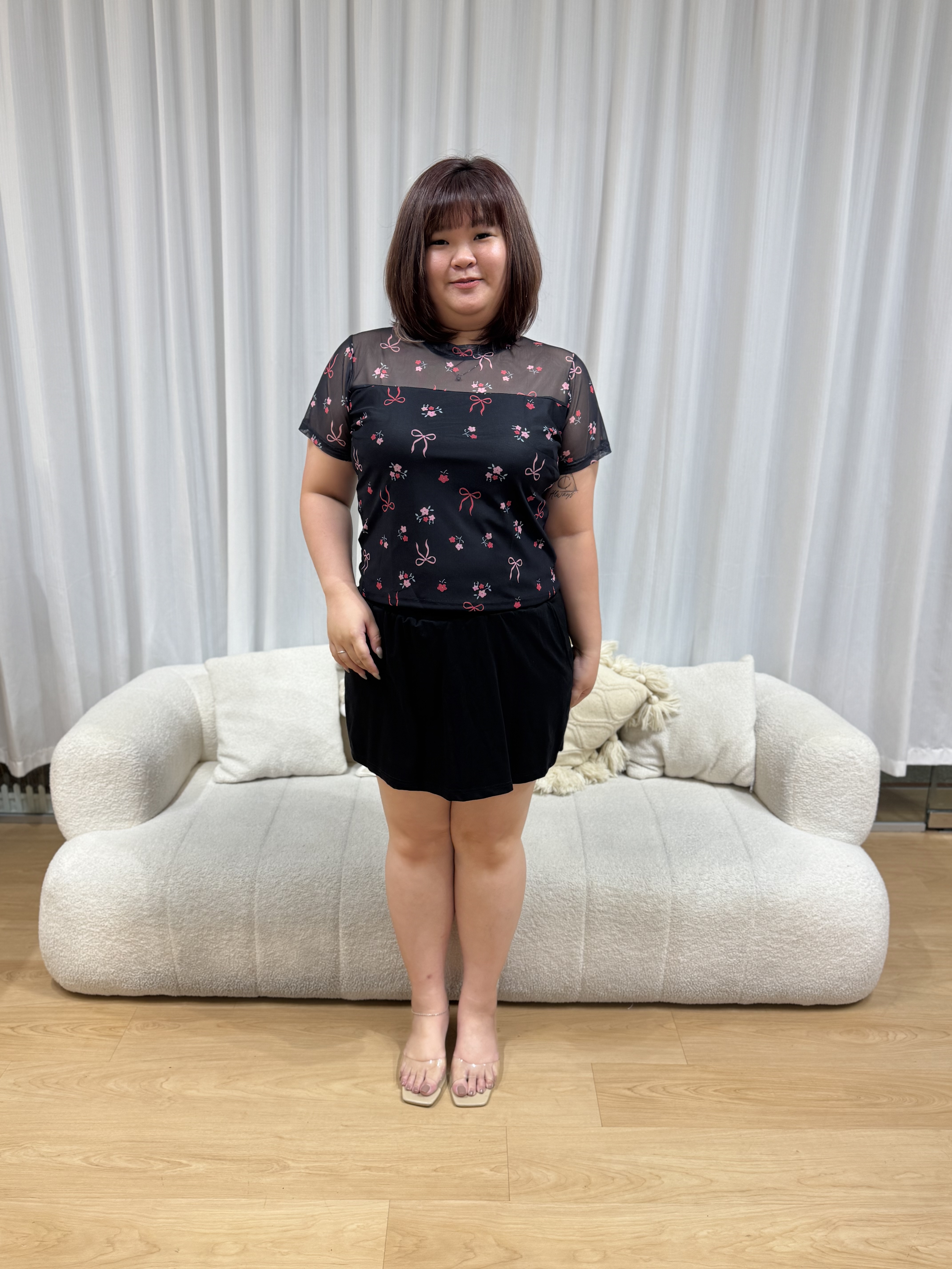 Floral Mesh Black Top | Plus Size Top