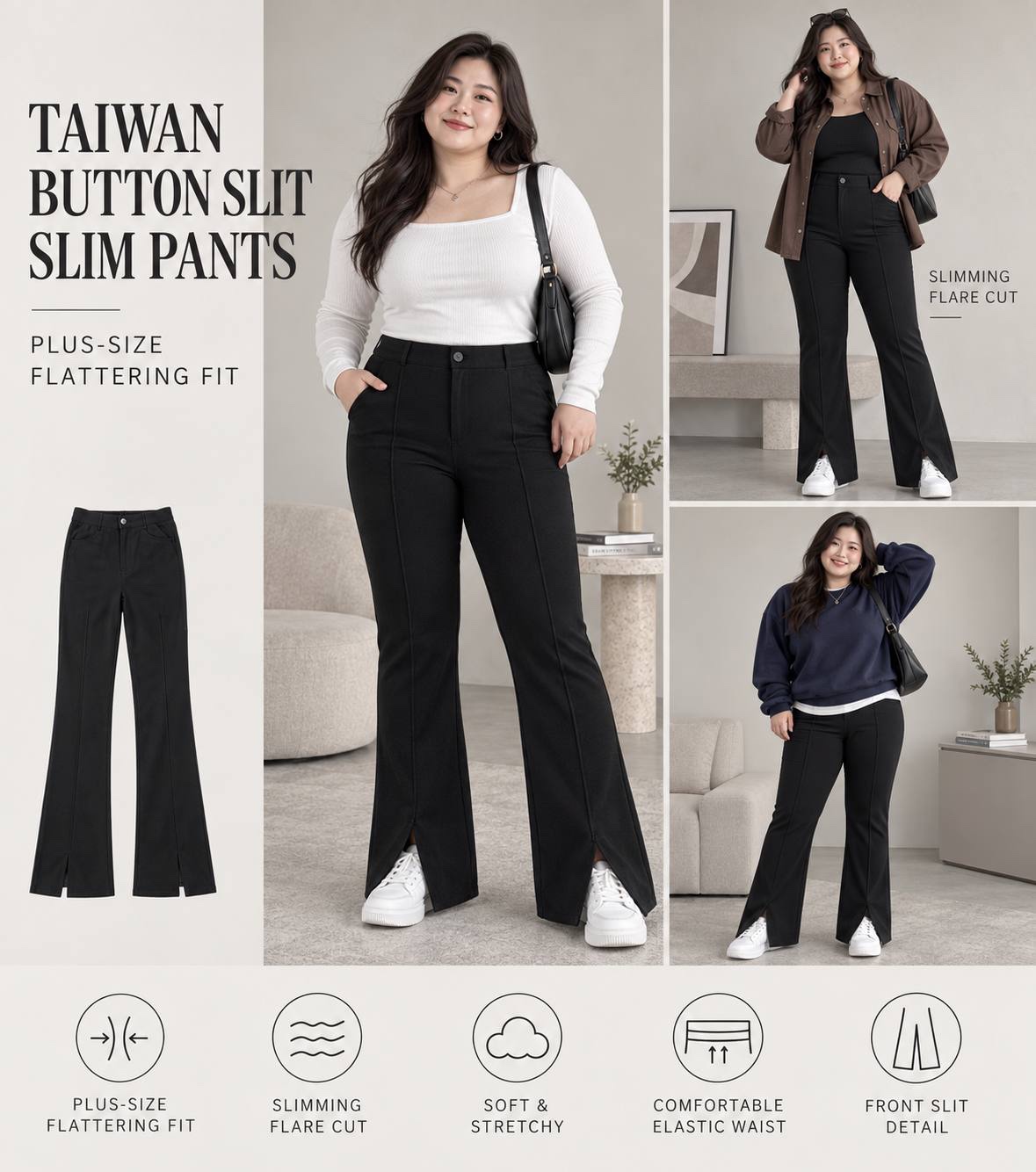Luna Button Super Slim Fit Japan Cotton Slit Pants | Plus Size Pants
