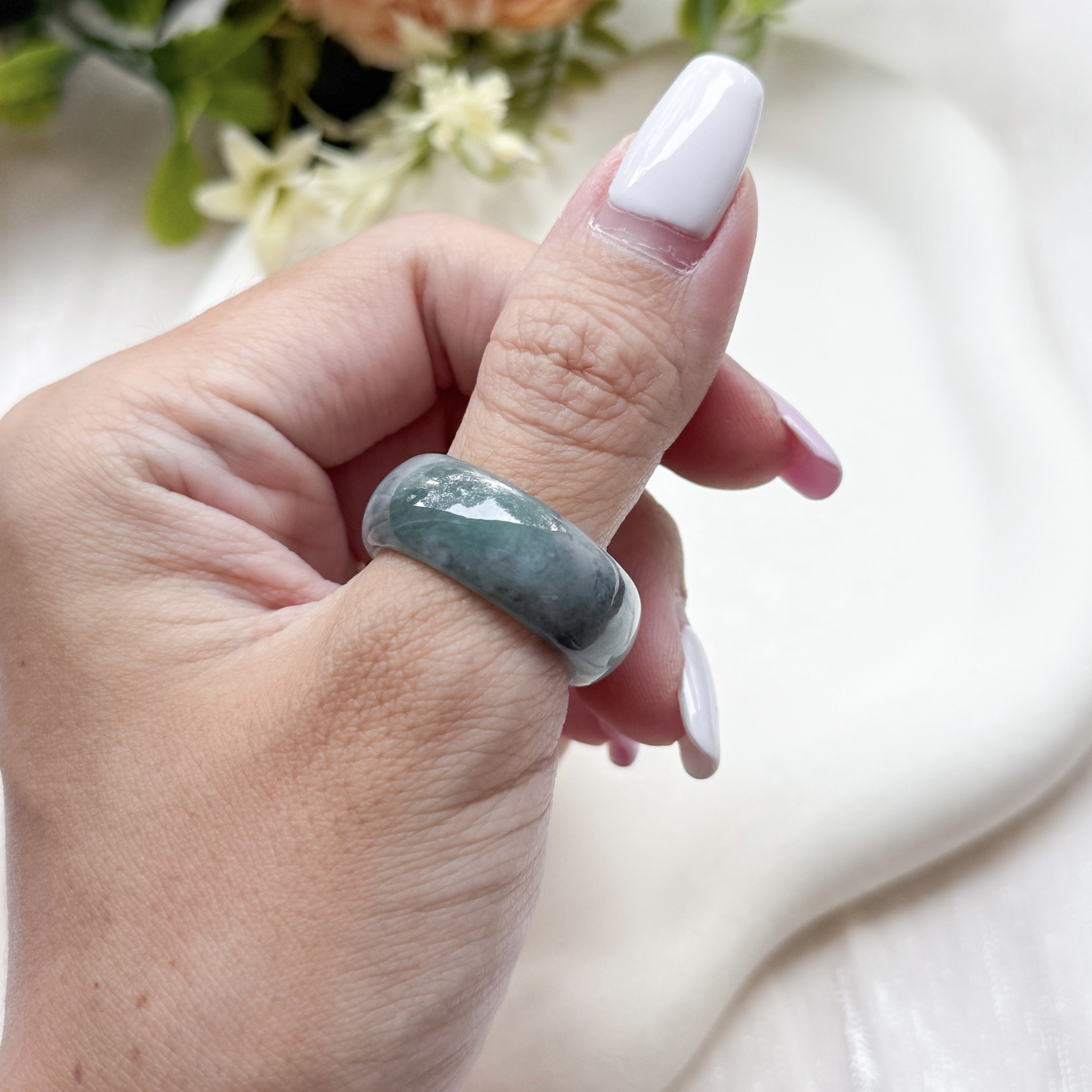 Grade A Flower Green Jade Full Jade Ring - TM