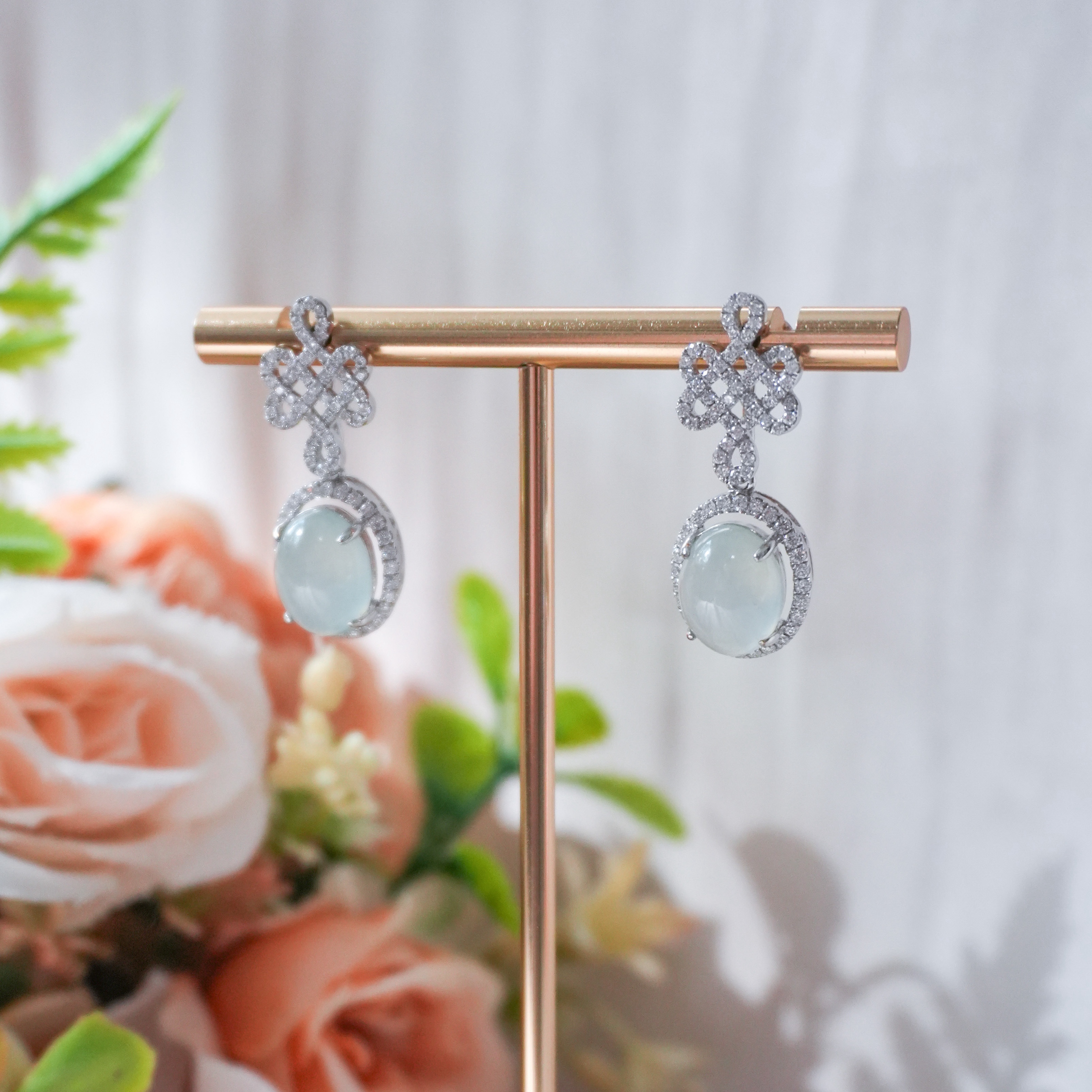 Grade A Ice Jade Cabochon Earrings with Mystic Knot - WG / Dia - RCMM