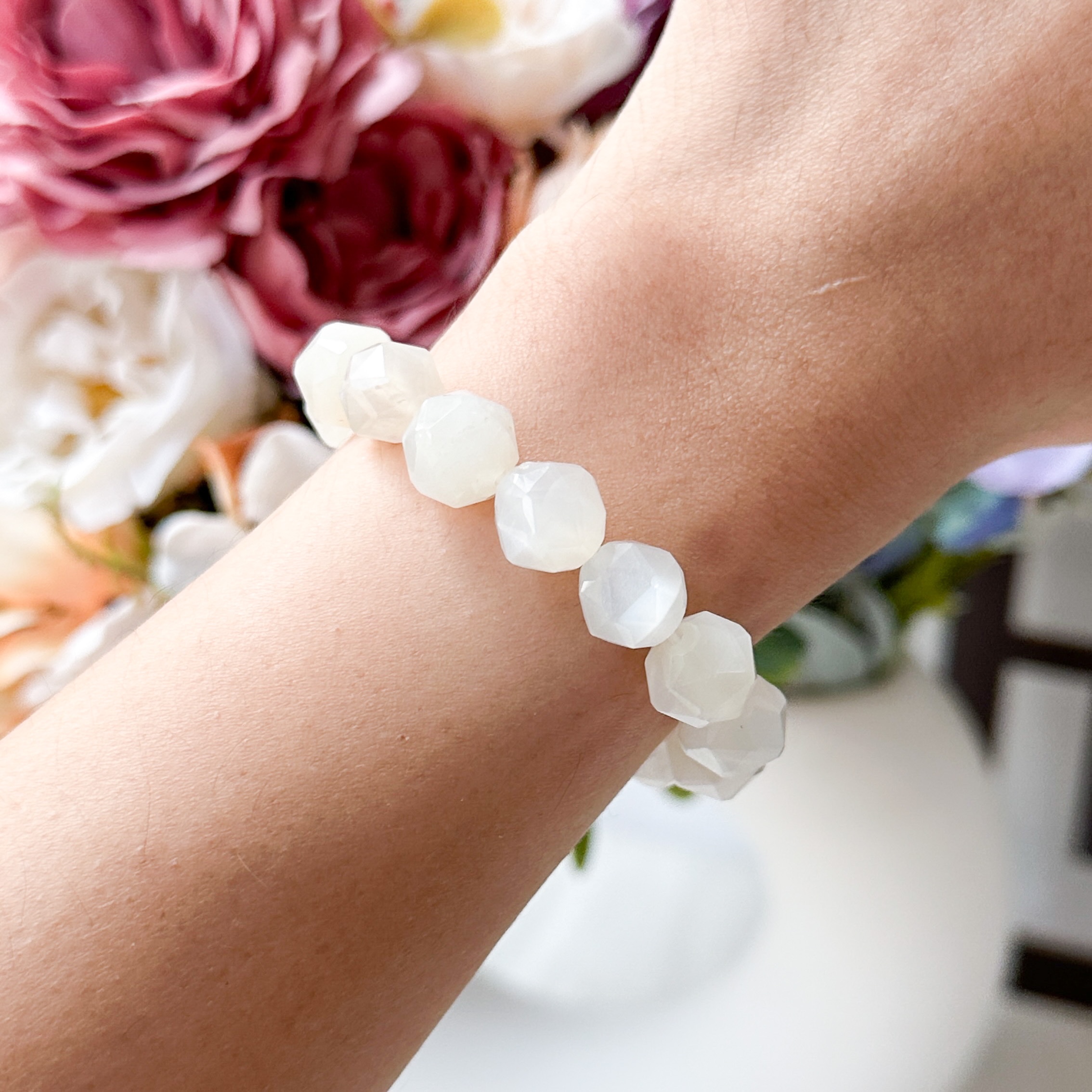White Moonstone 10mm Diamond Cut Bracelet