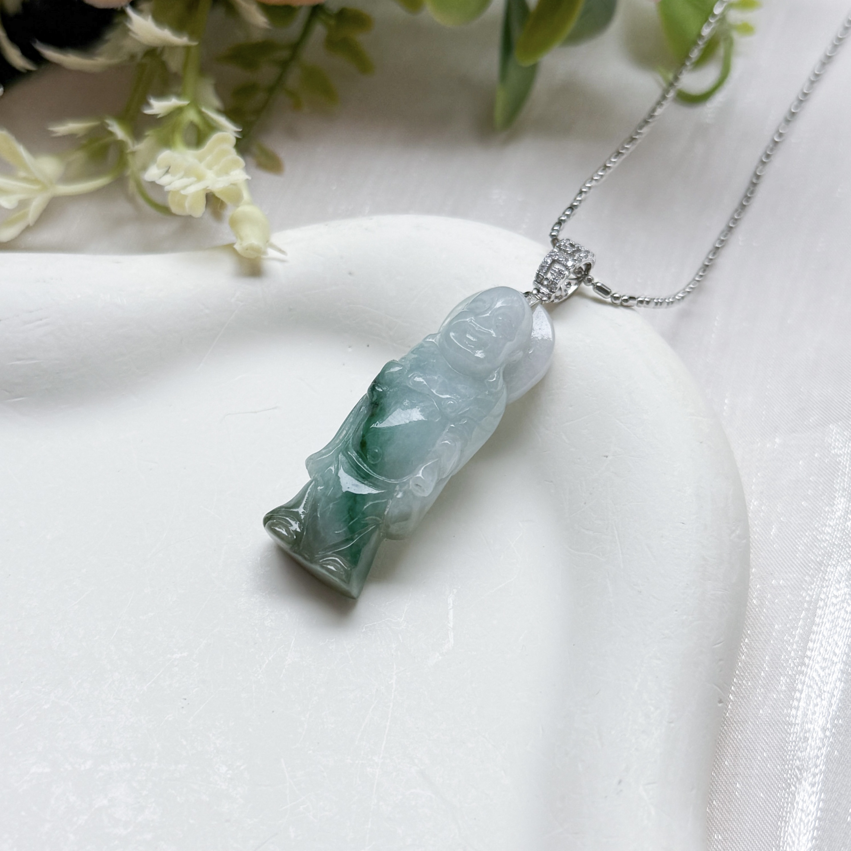 Grade A Flower Green Jade Laughing Buddha Standing Pendant - 18K WG/Dia