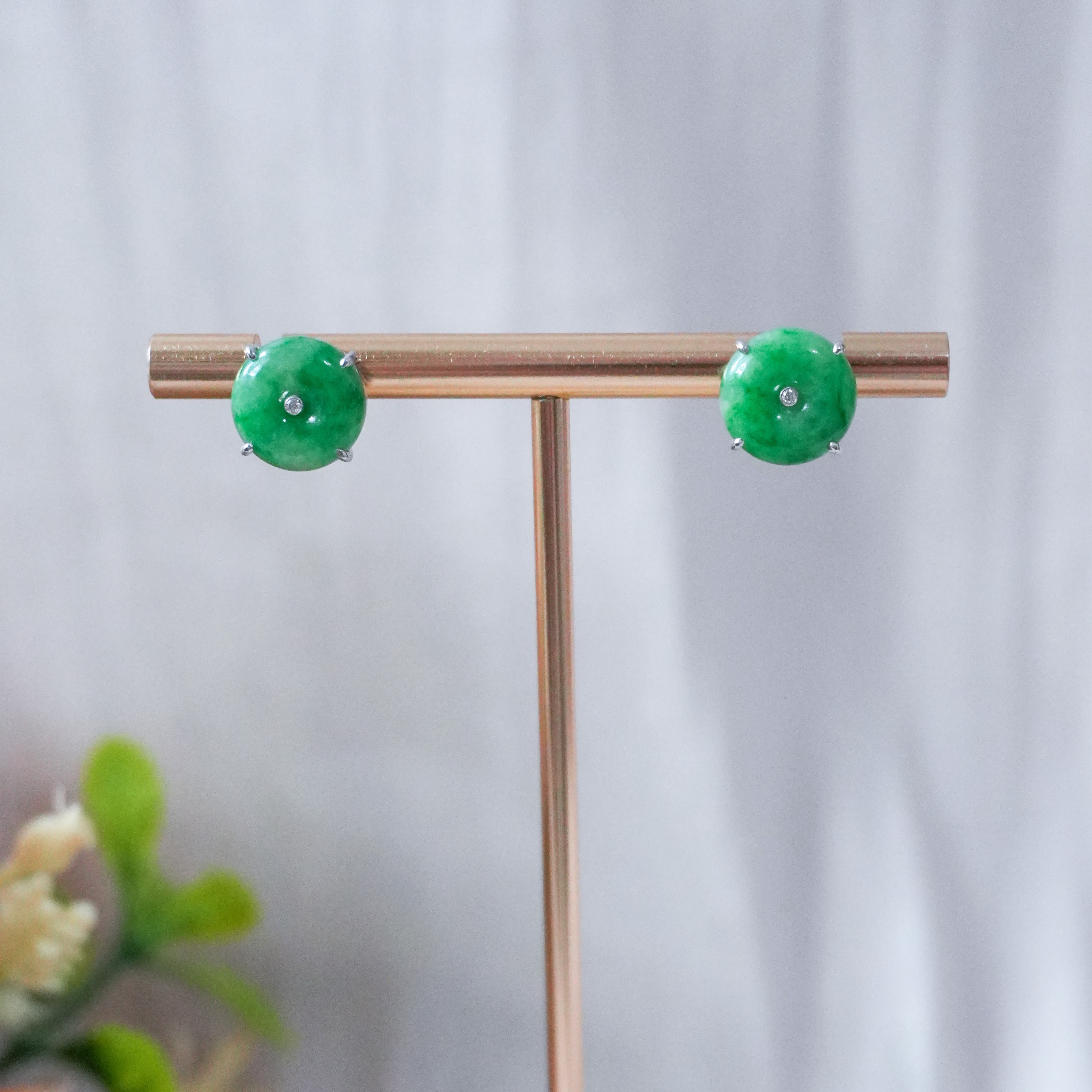 Grade A Apple Green Jade Donut Studs - WG / Dia - YTM