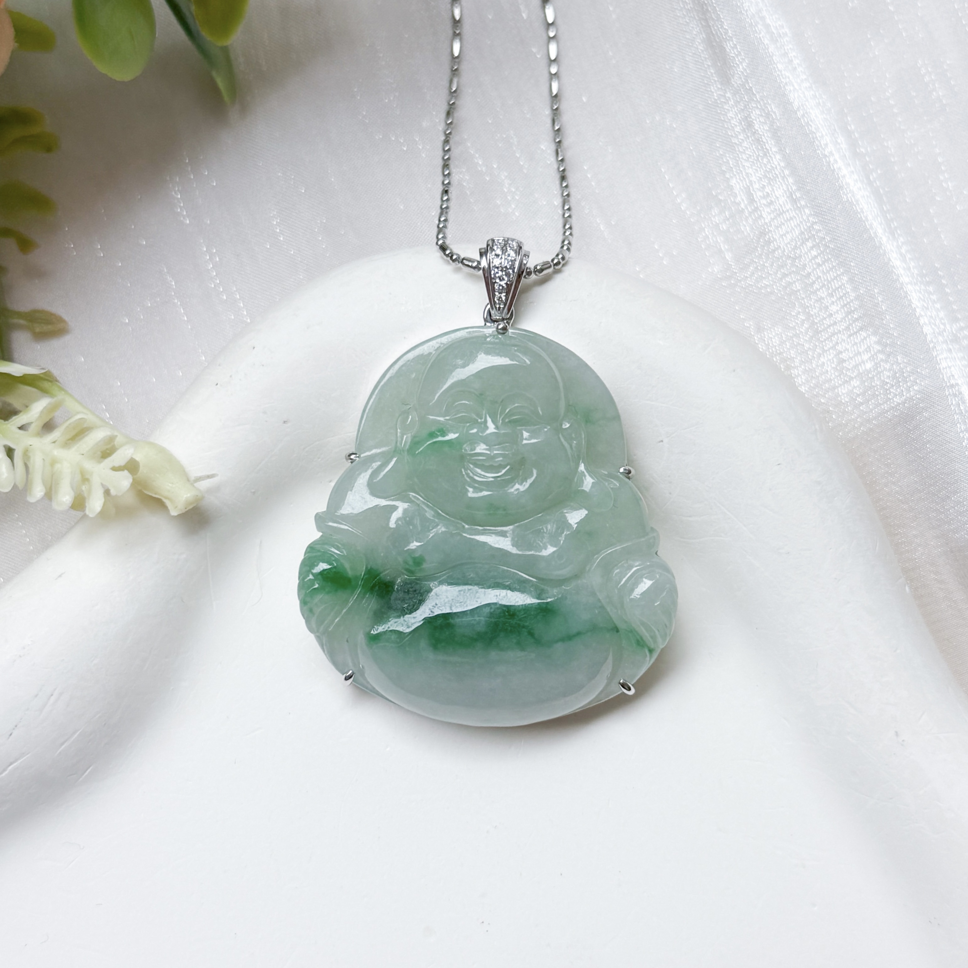 Grade A Apple Green Jade Laughing Buddha Pendant - 18K WG / Dia