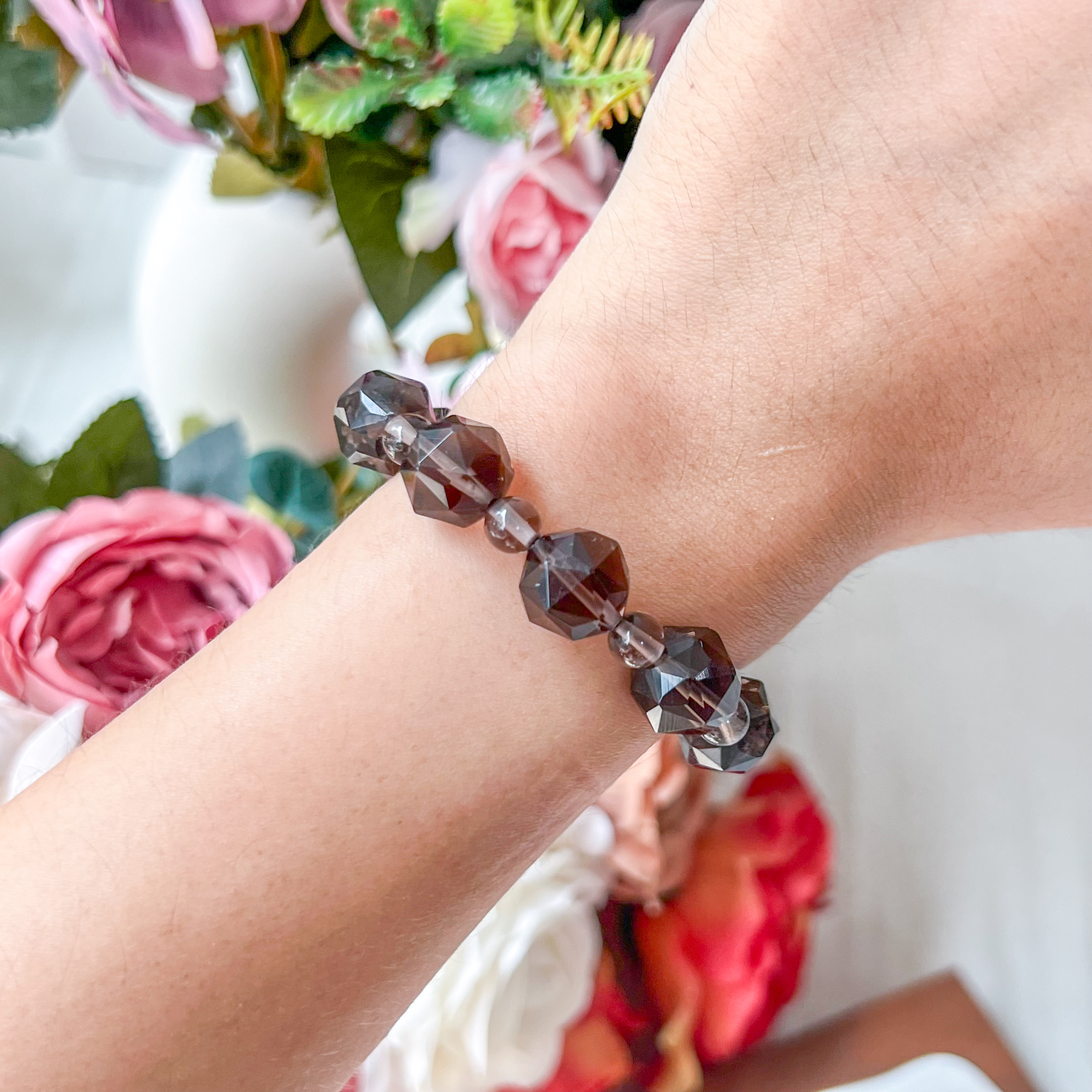 Smoky Quartz 11-12mm Diamond Cut Bracelet