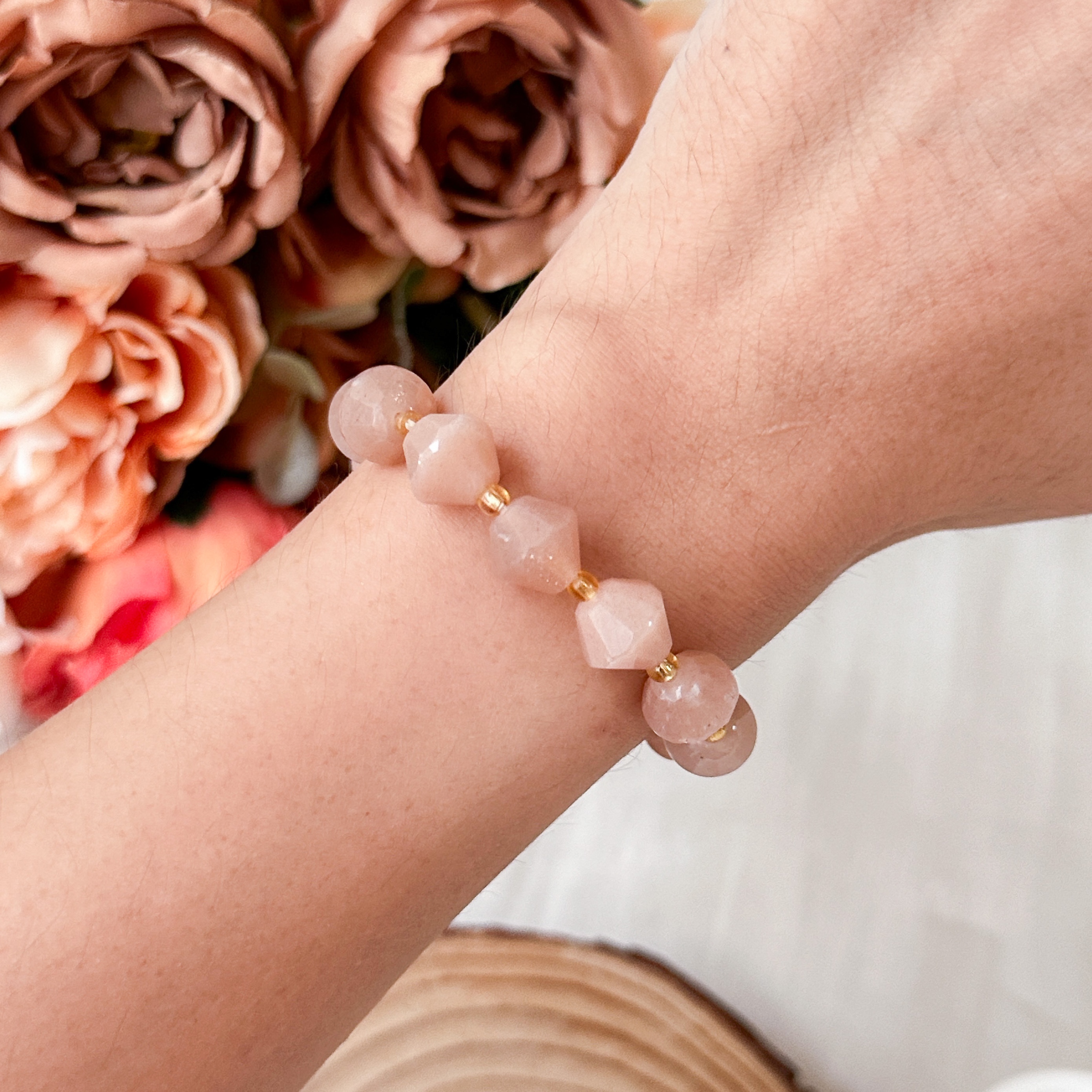 Peach Moonstone 10mm Bicone Bracelet