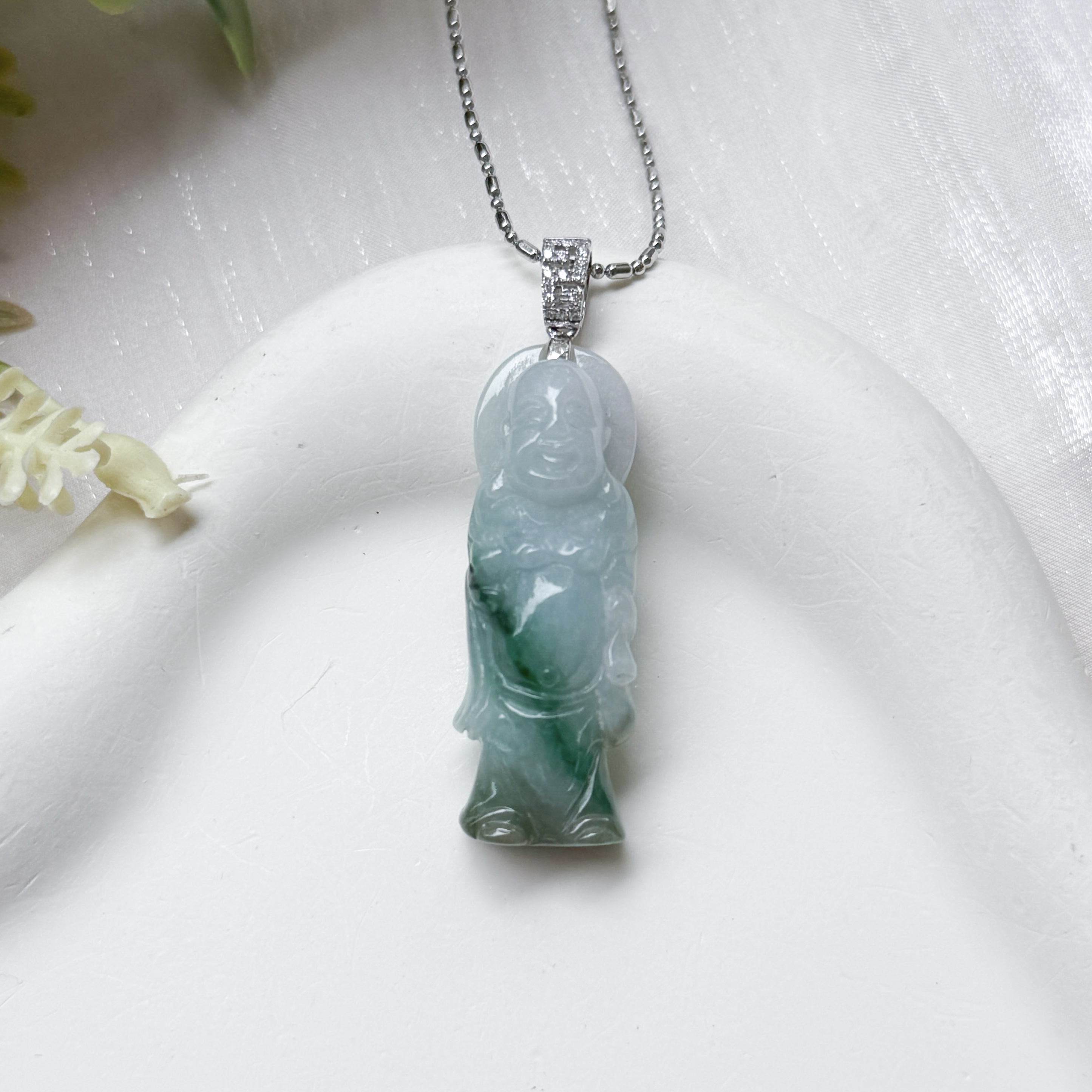 Grade A Flower Green Jade Laughing Buddha Standing Pendant - 18K WG/Dia