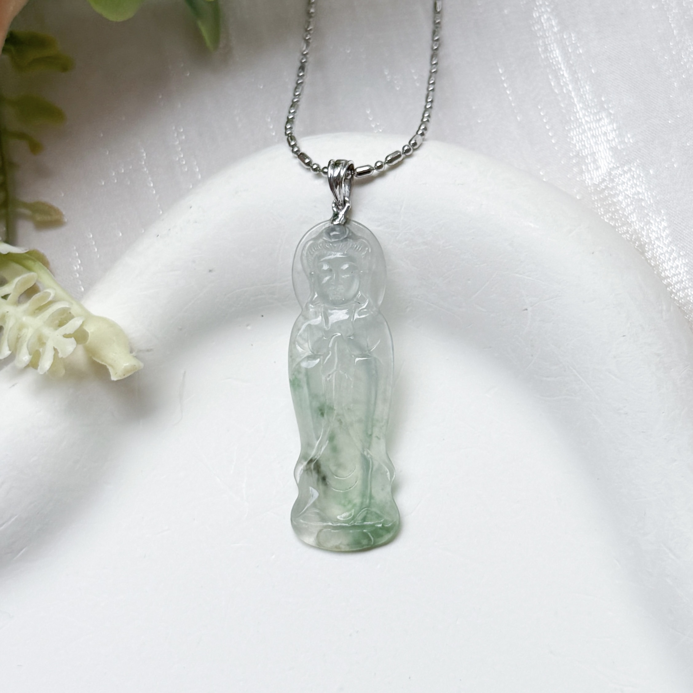 Grade A Piao Hua Jade Buddha Standing Pendant - 18K WG