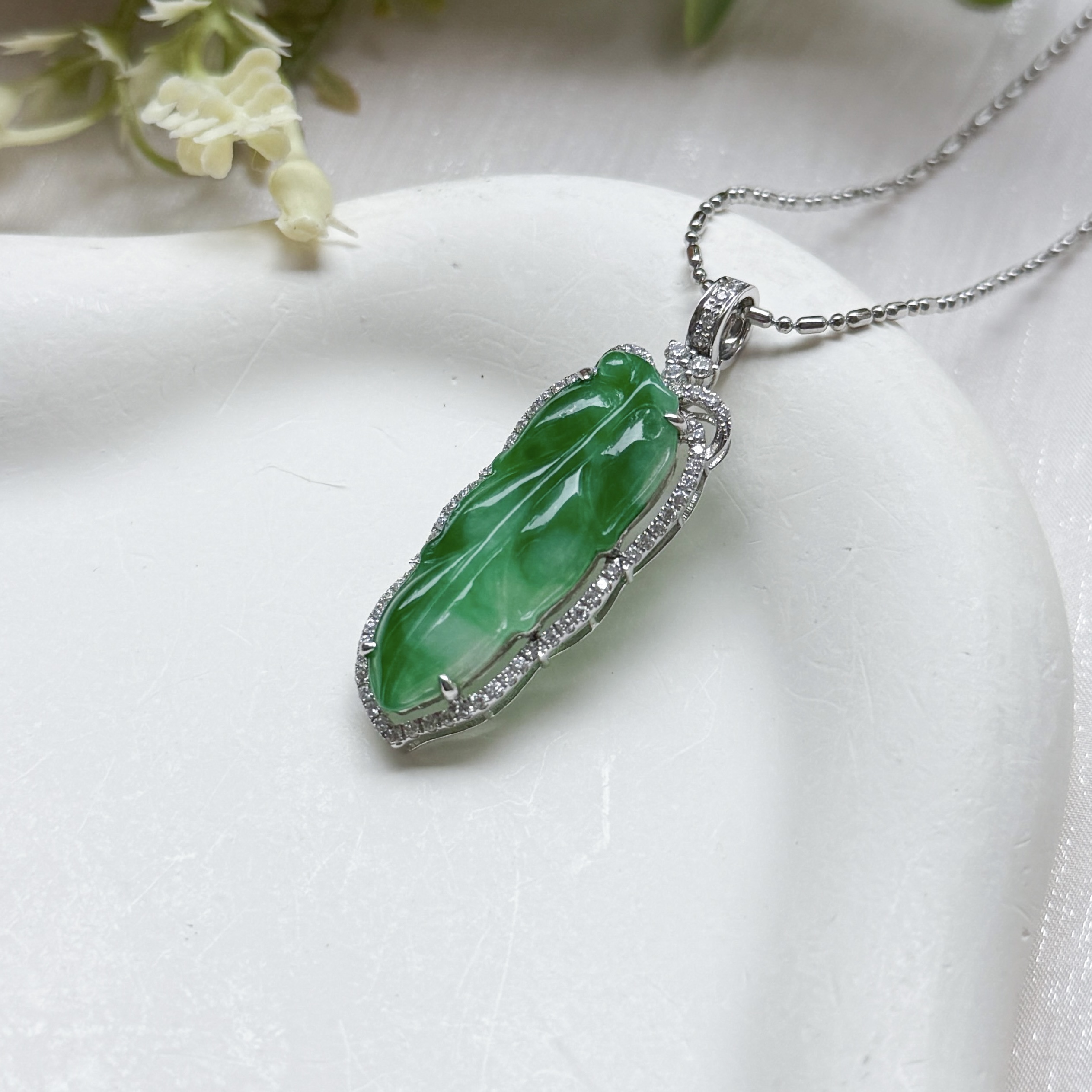 Grade A Apple Green Jade Leaf Pendant - 18K WG / Dia