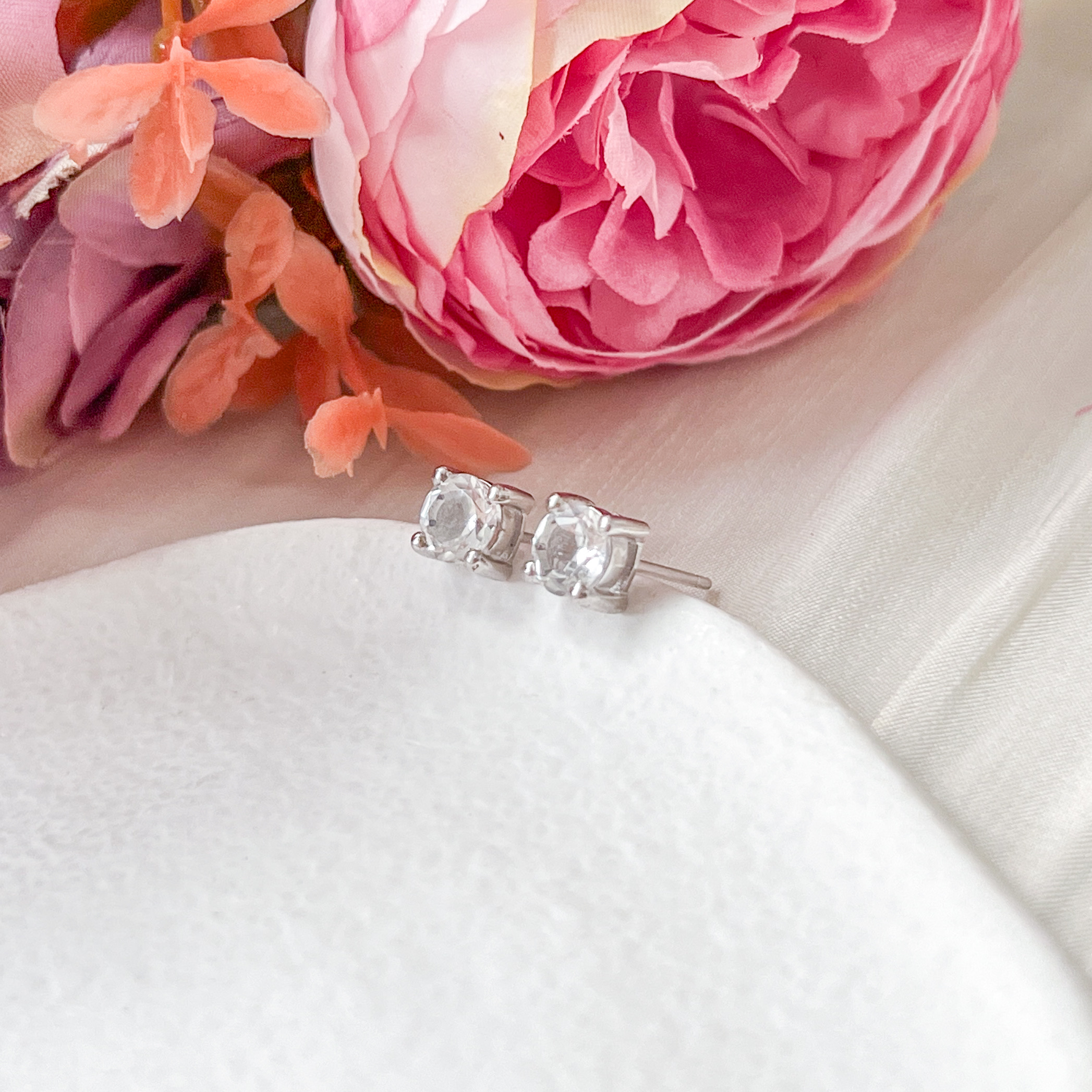 White Topaz Round Cut Earring Studs