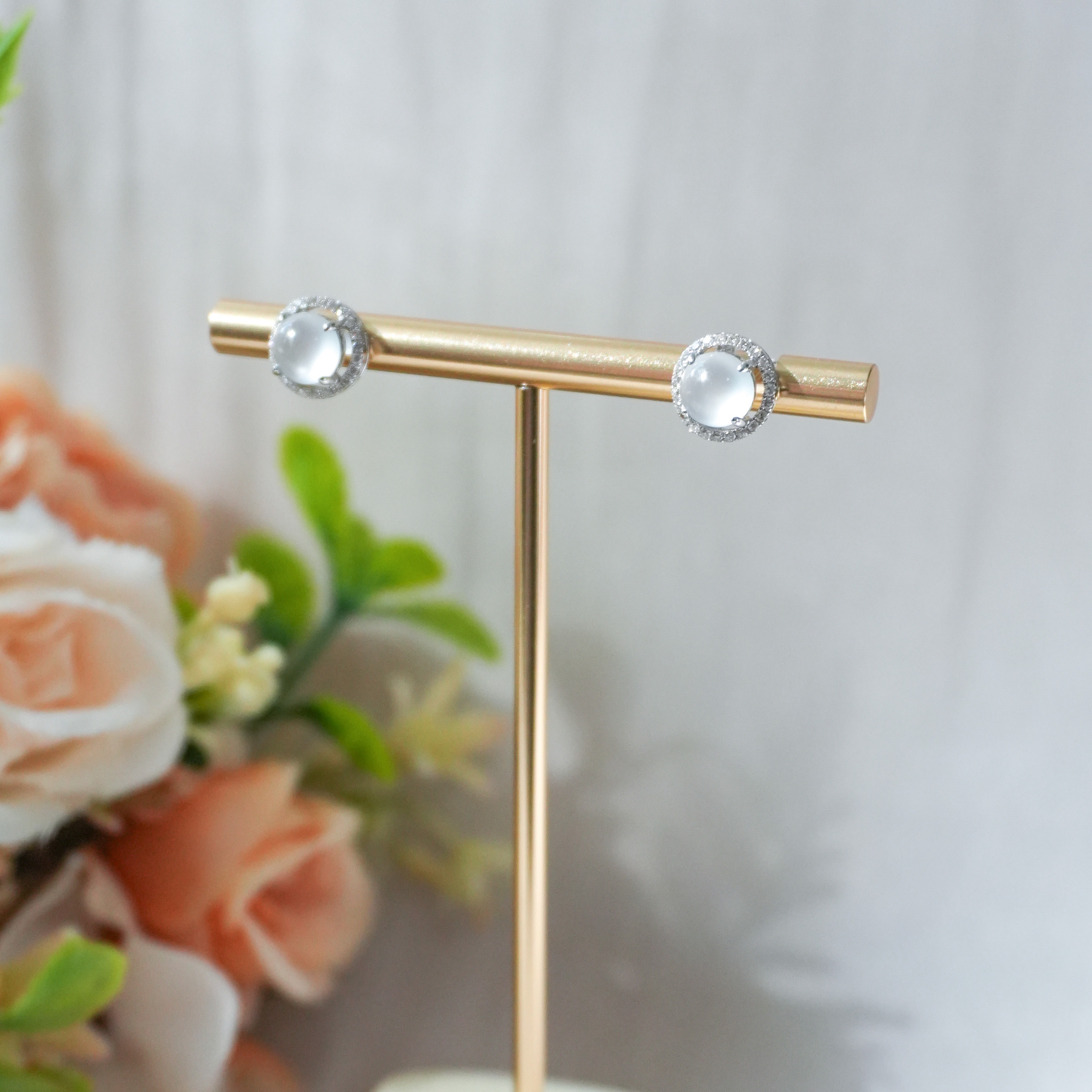 Grade A Ice Jade Cabochon Earrings - WG / Dia - ARM