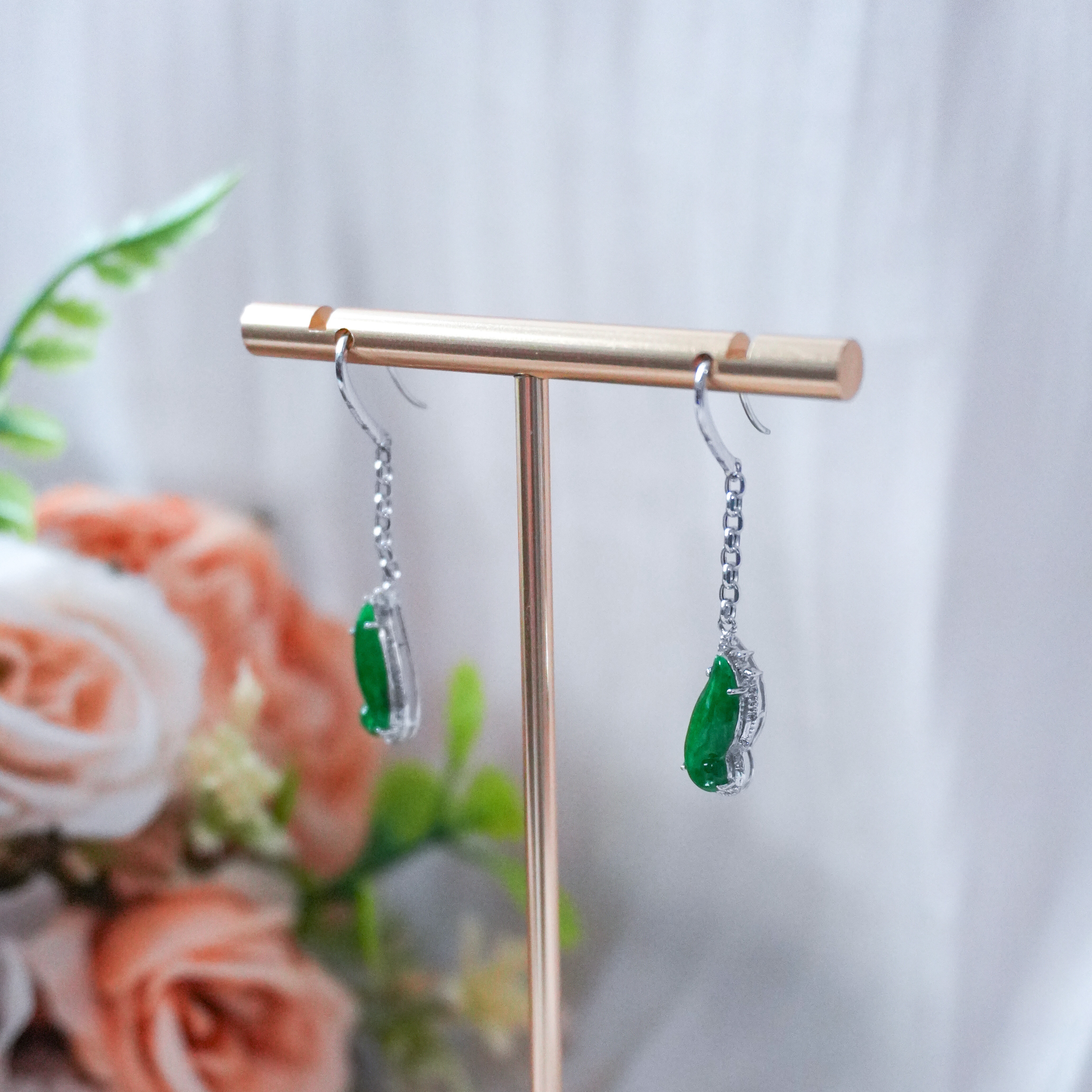 Grade A Feicui Jade Ruyi Earrings - WG / Dia - CMMM