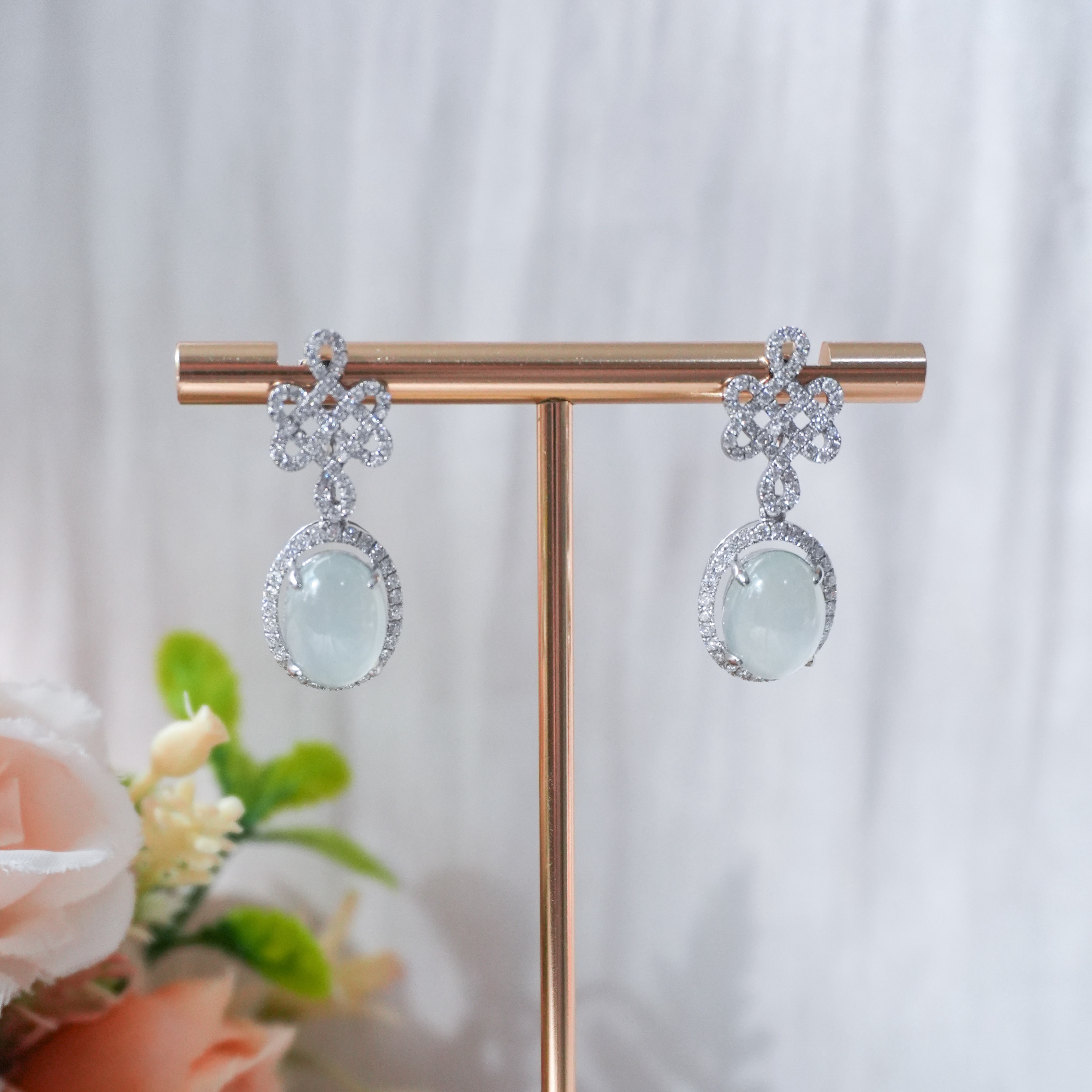 Grade A Ice Jade Cabochon Earrings with Mystic Knot - WG / Dia - RCMM