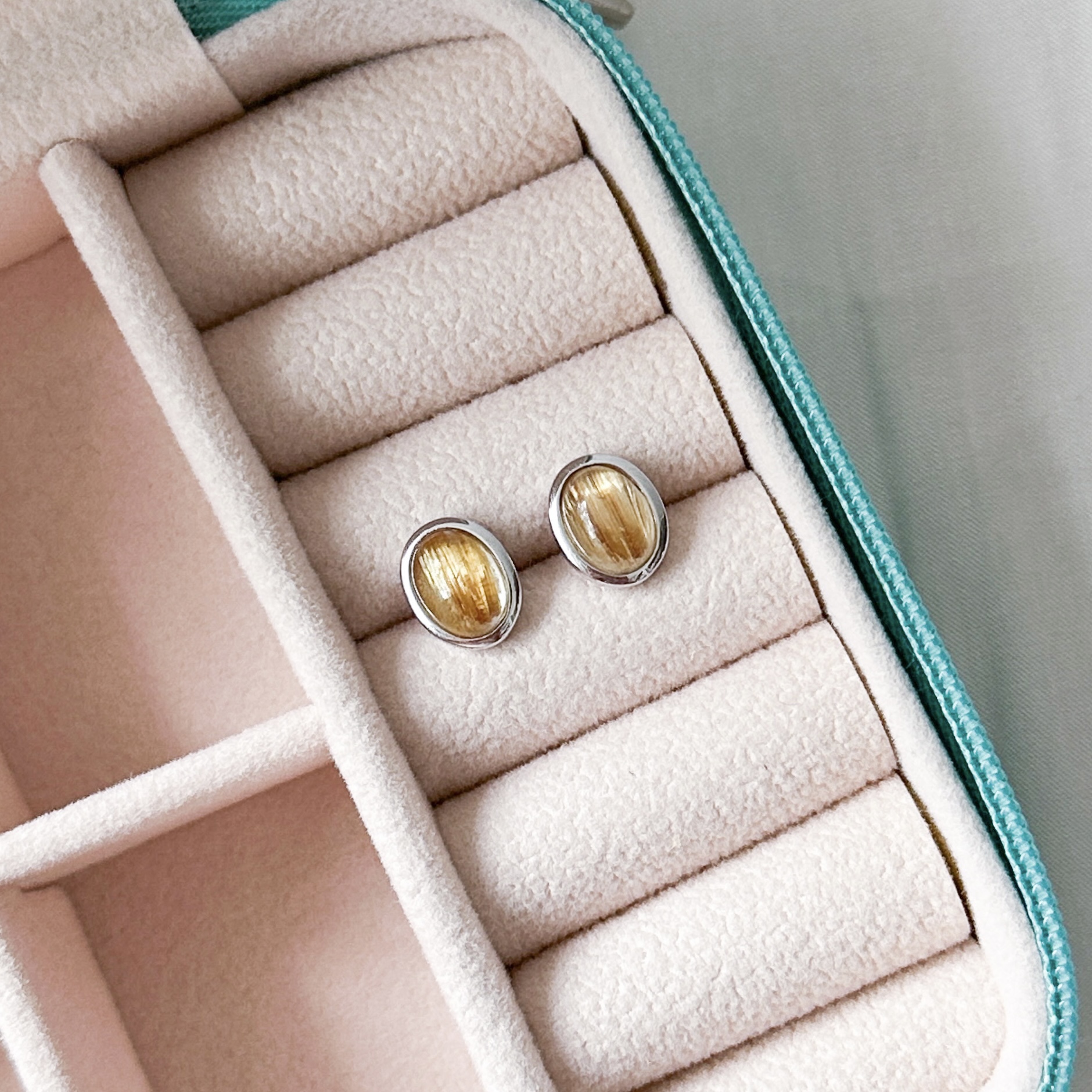 Gold Rutilated Quartz Oval Earring Studs