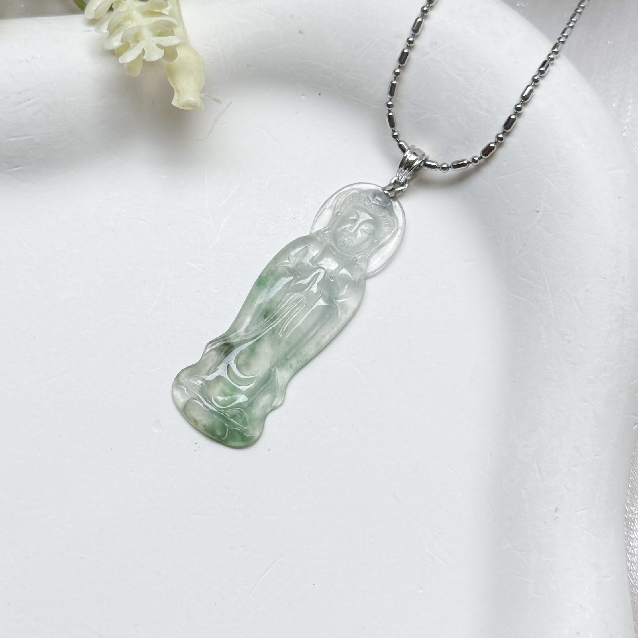 Grade A Piao Hua Jade Buddha Standing Pendant - 18K WG