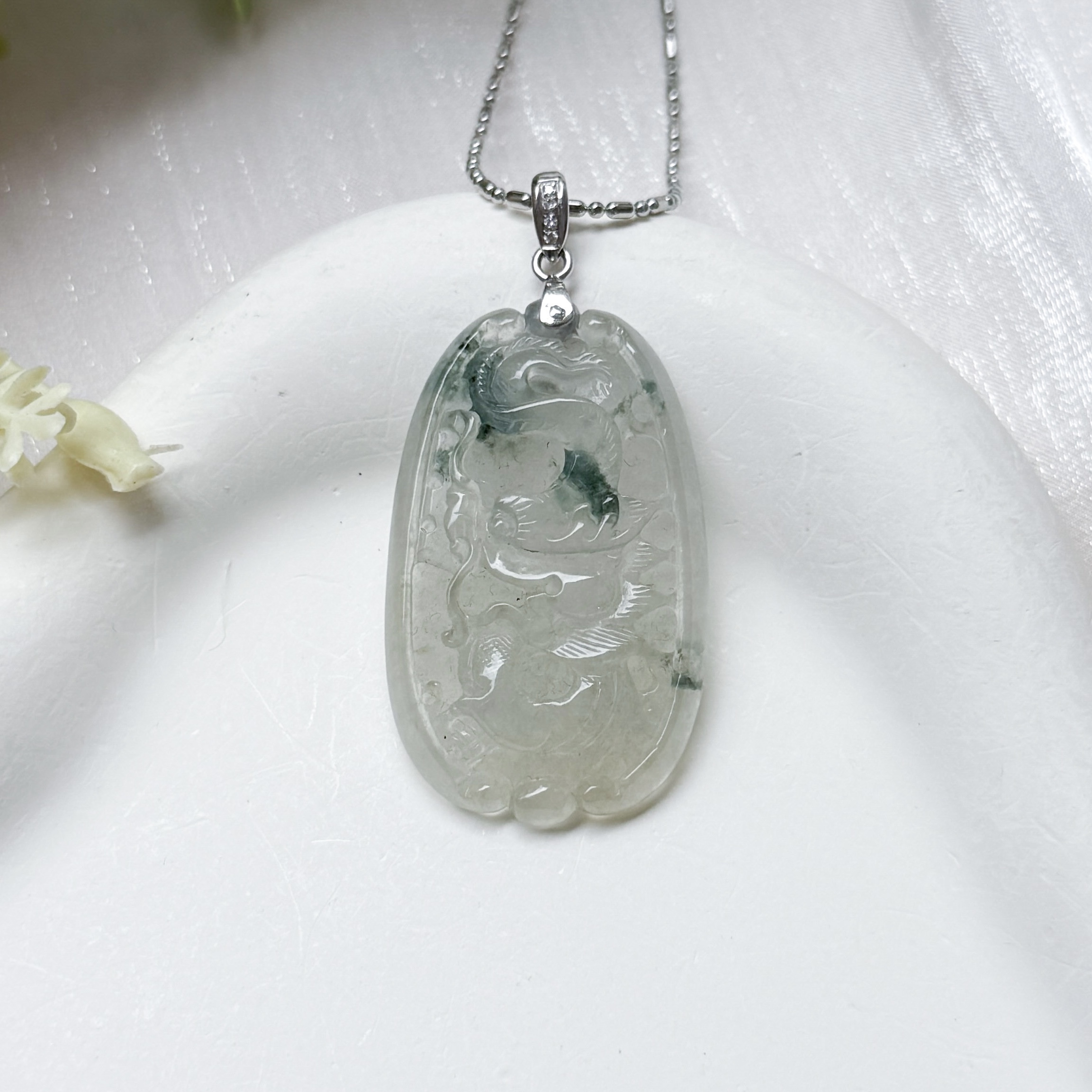 Grade A Piao Hua Jade Dragon Pendant - 18K WG/Dia