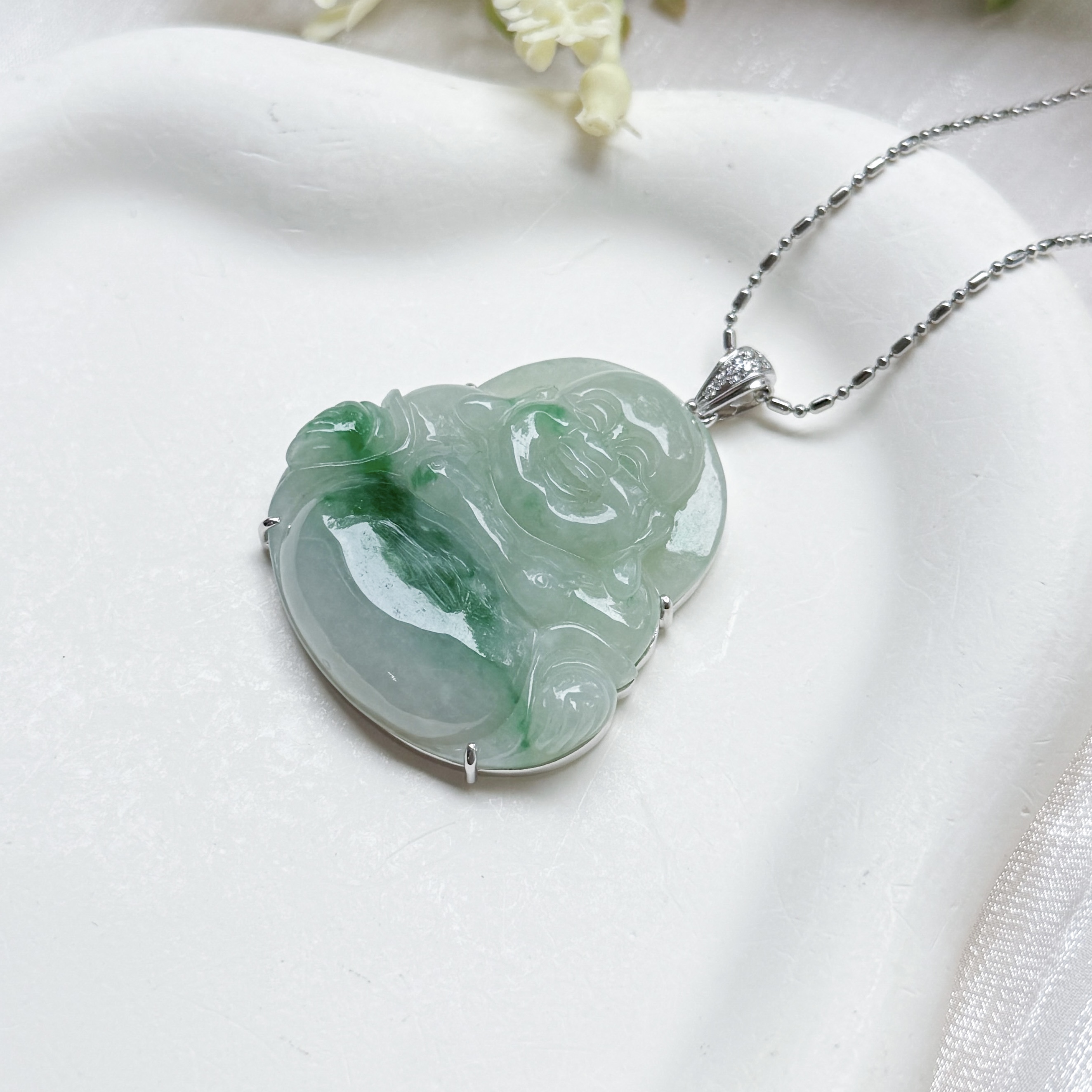 Grade A Apple Green Jade Laughing Buddha Pendant - 18K WG / Dia