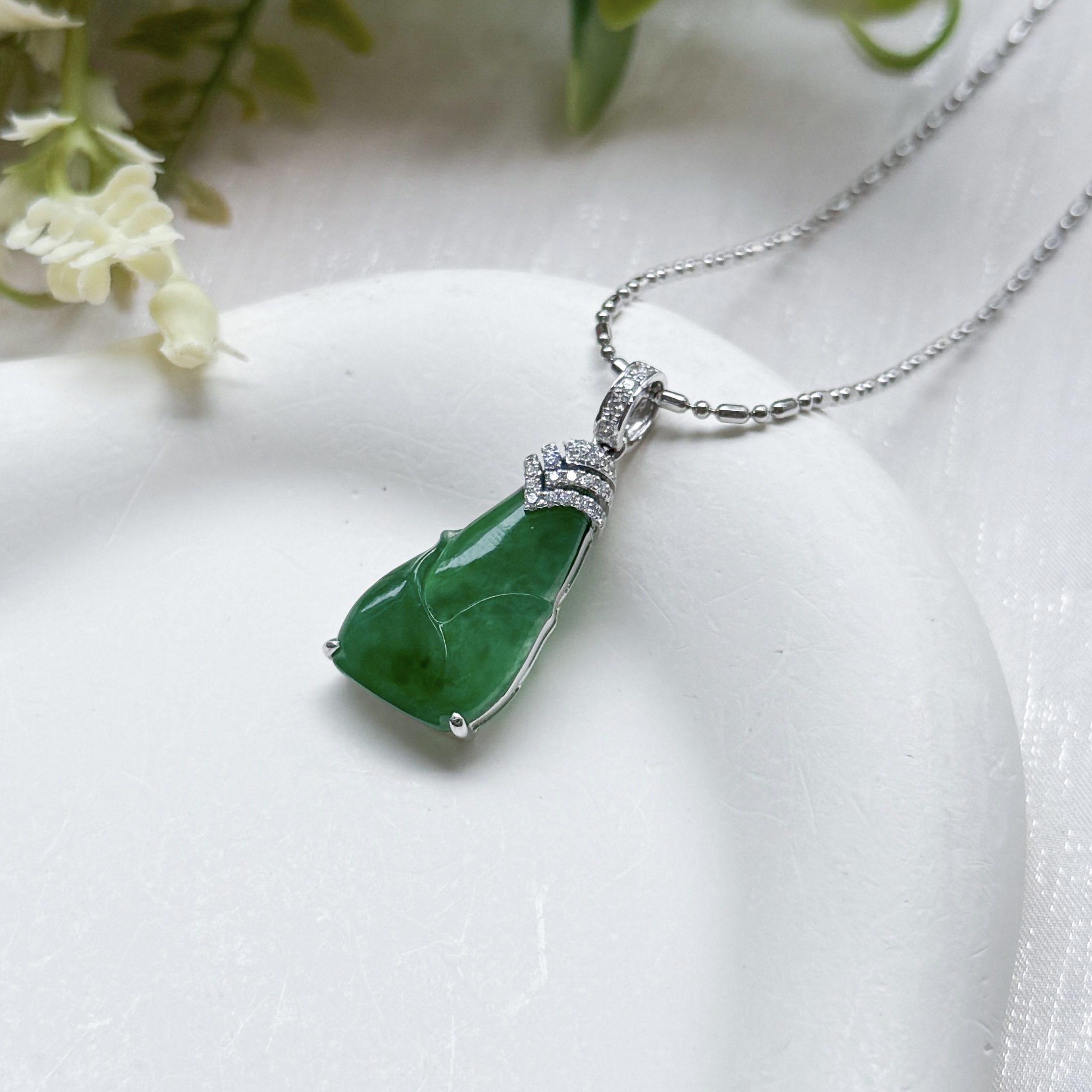 Grade A Fei Cui Jade Bamboo Shoot Pendant - 18K WG / Dia