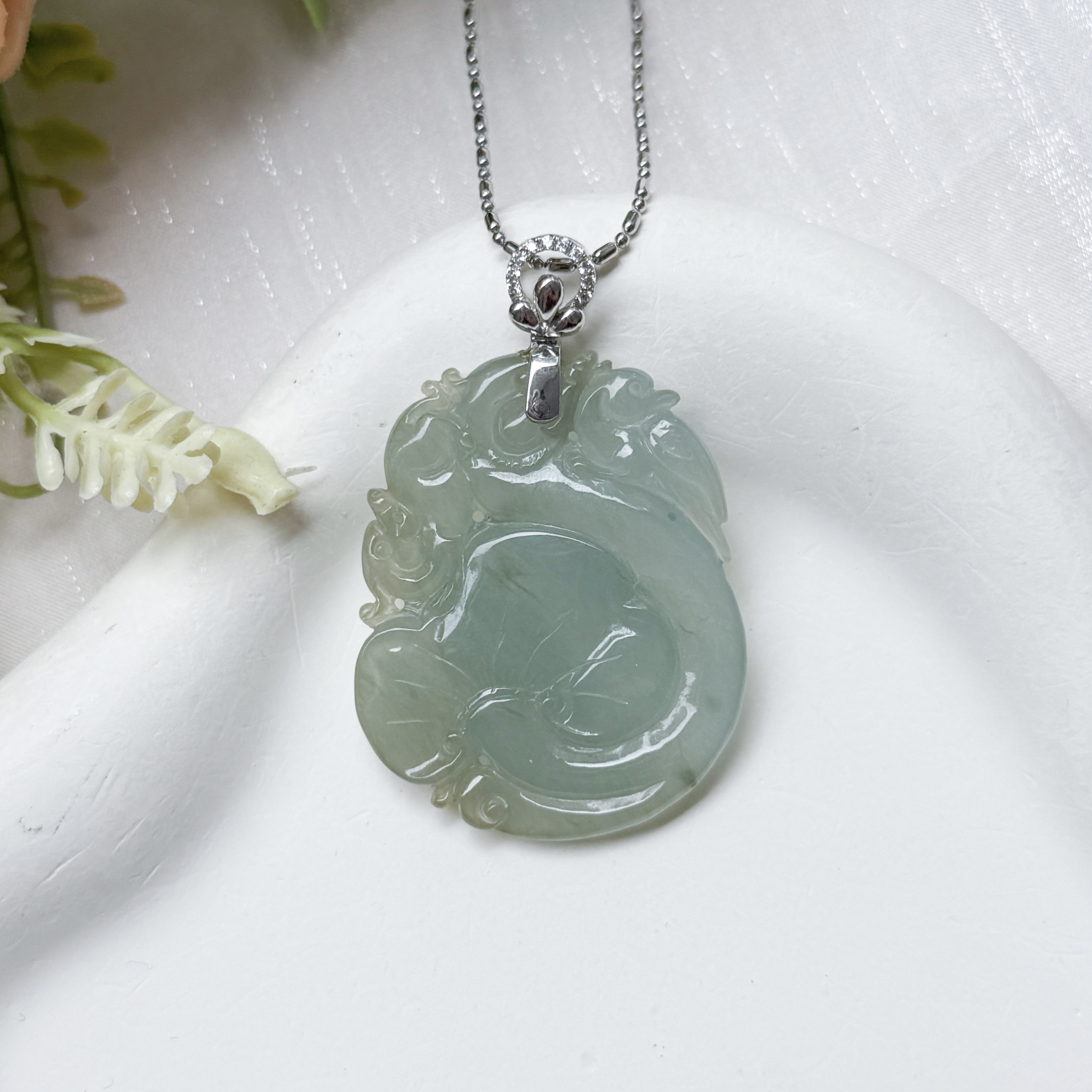 Grade A Ice Green Jade Prosperity Ruyi Pendant - 18K WG/Dia