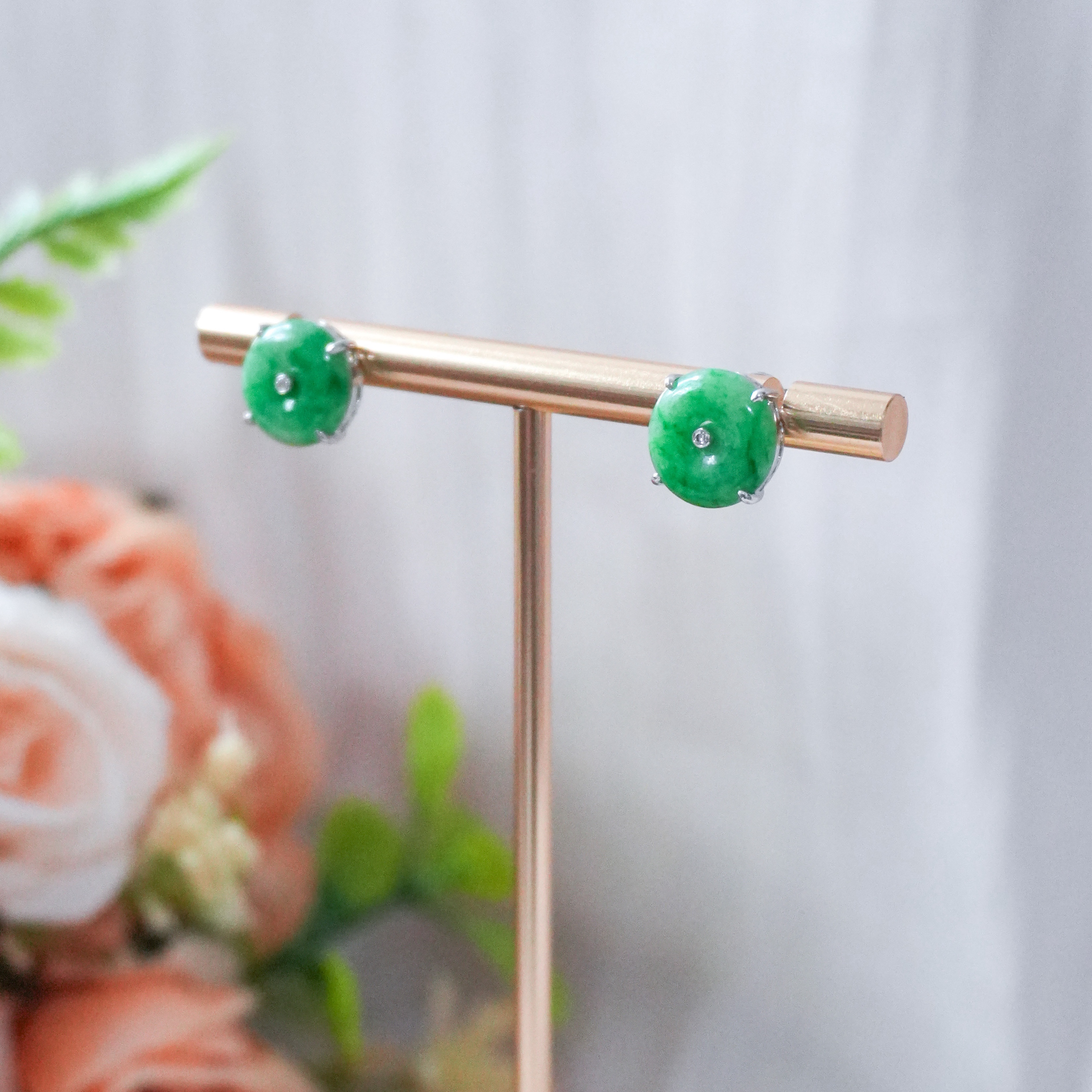 Grade A Apple Green Jade Donut Studs - WG / Dia - YTM