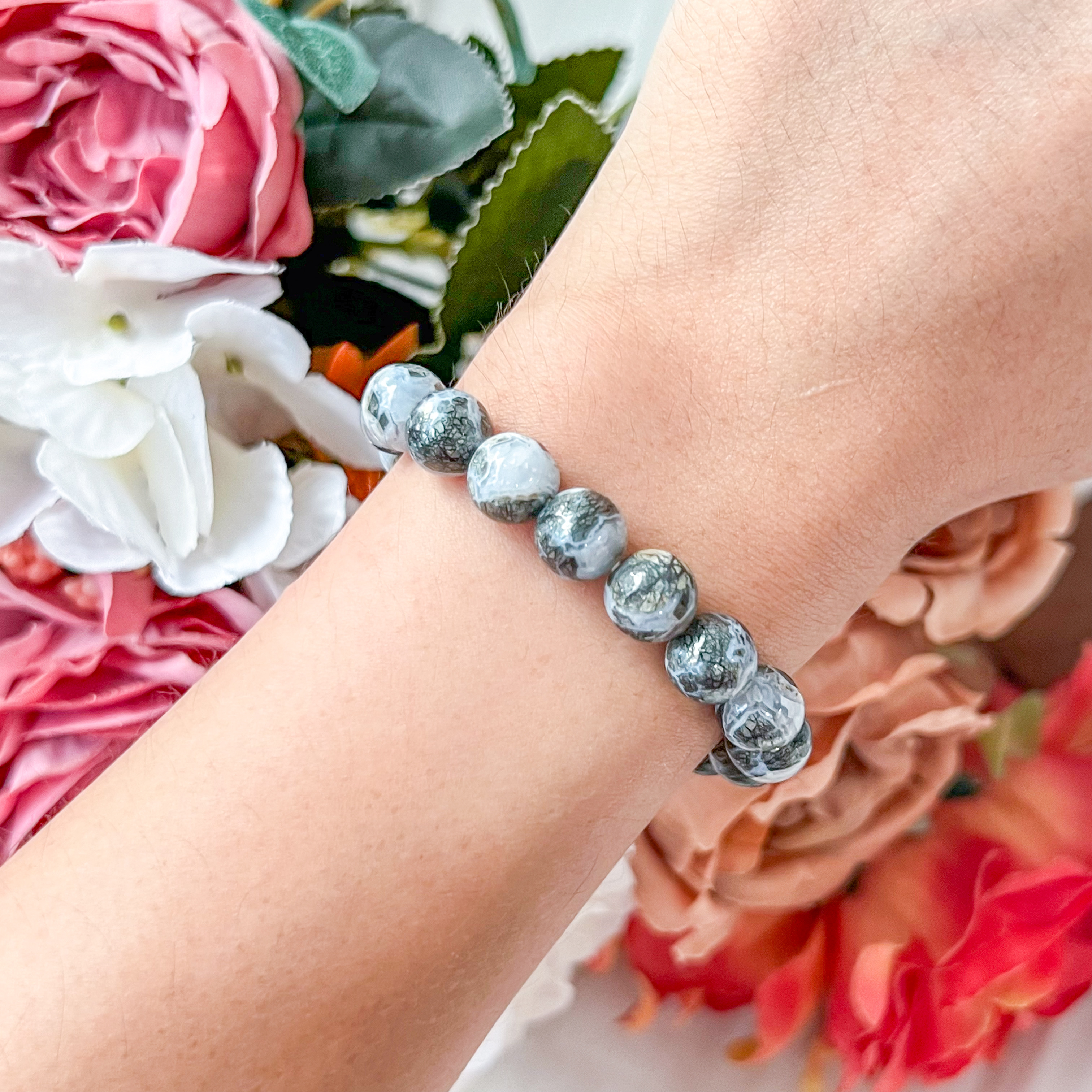 Pyrite in Chalcedony 7-8mm Bracelet