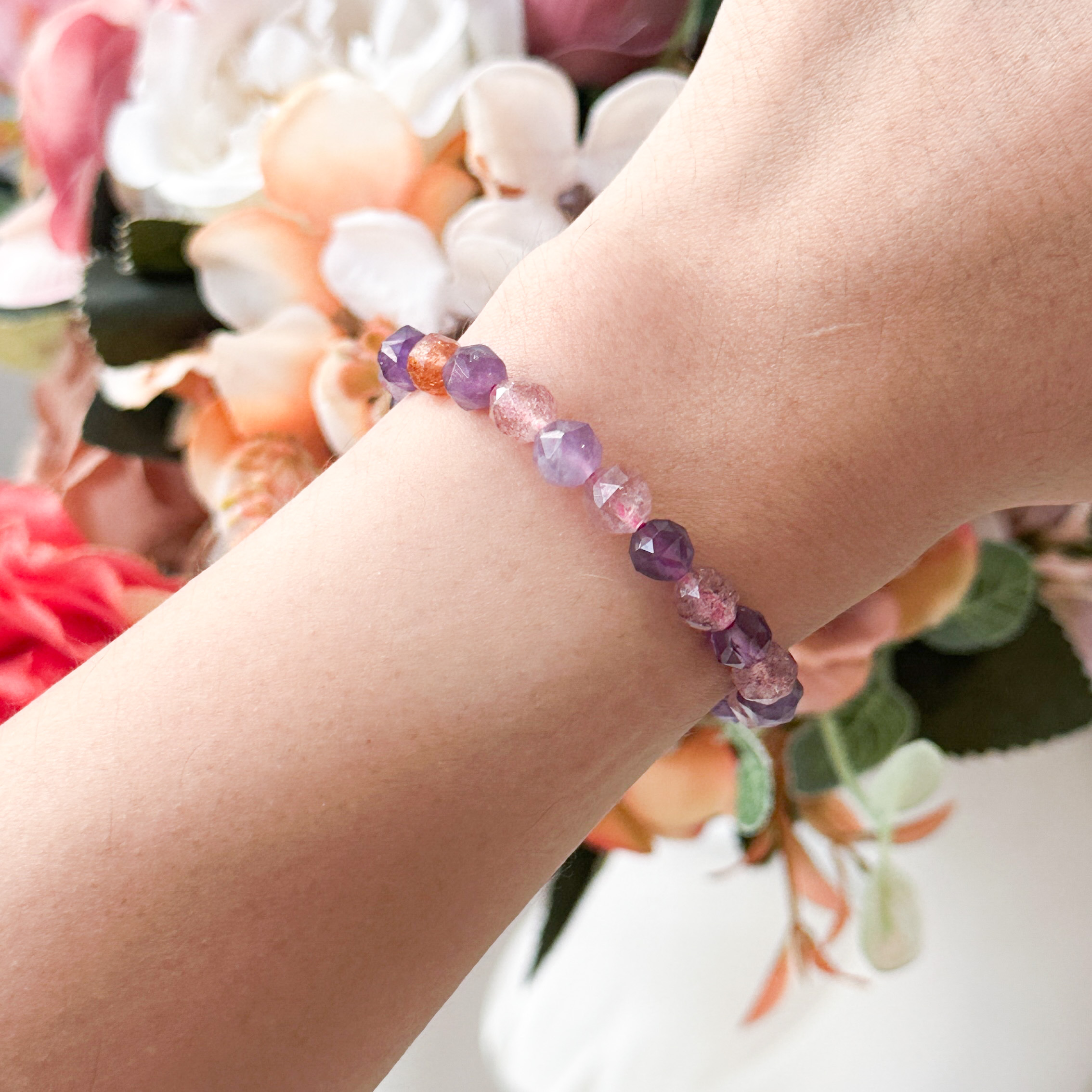 Strawberry Quartz & Amethyst Diamond Cut Bracelet