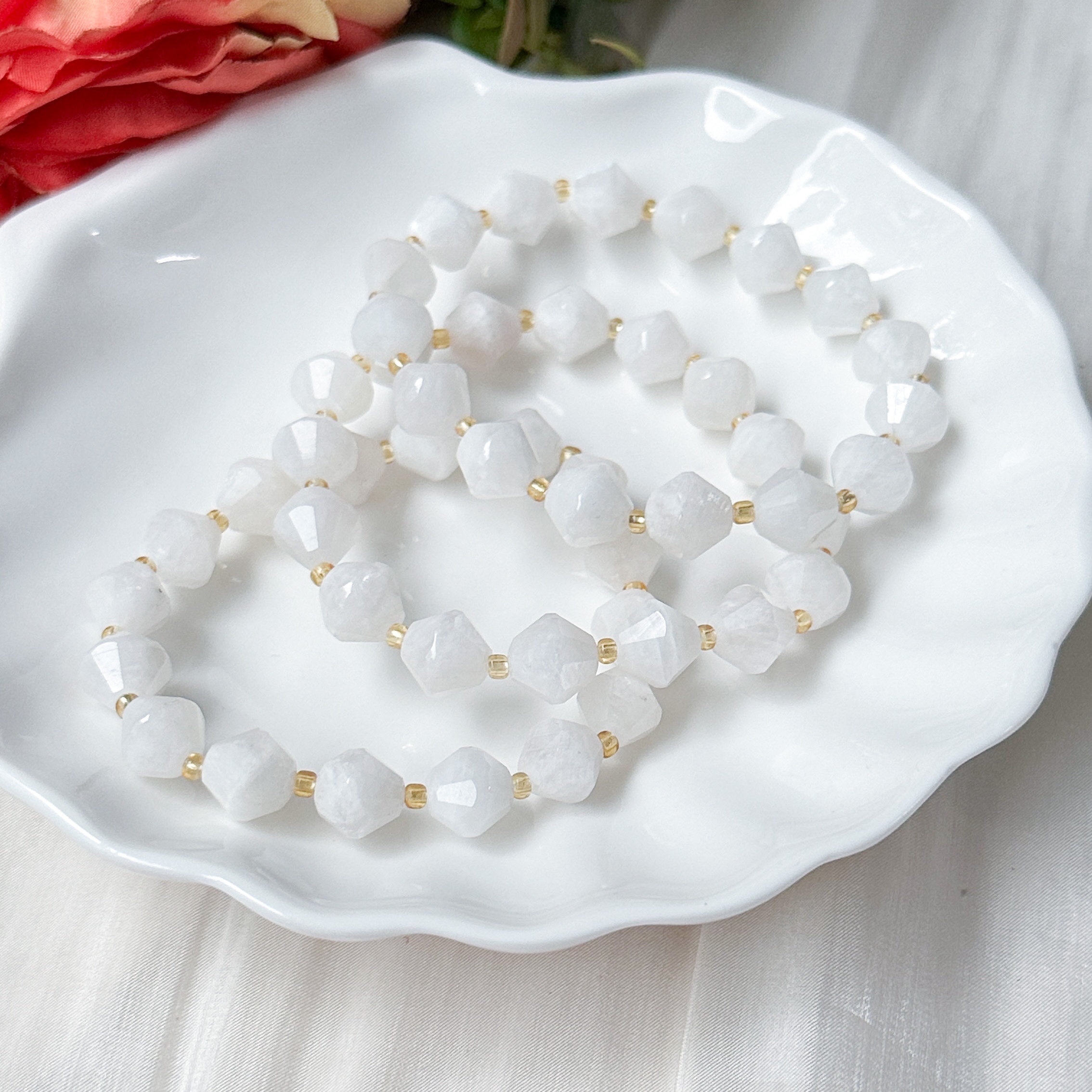 White Moonstone 10mm Bicone Bracelet