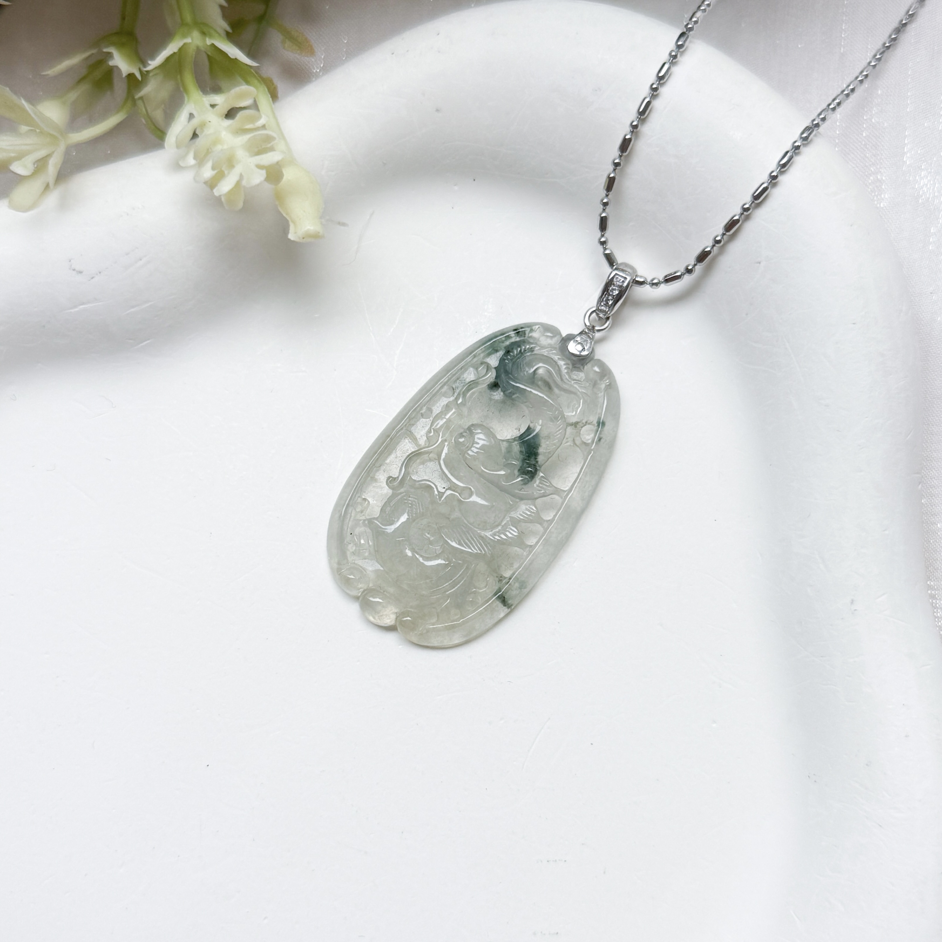 Grade A Piao Hua Jade Dragon Pendant - 18K WG/Dia