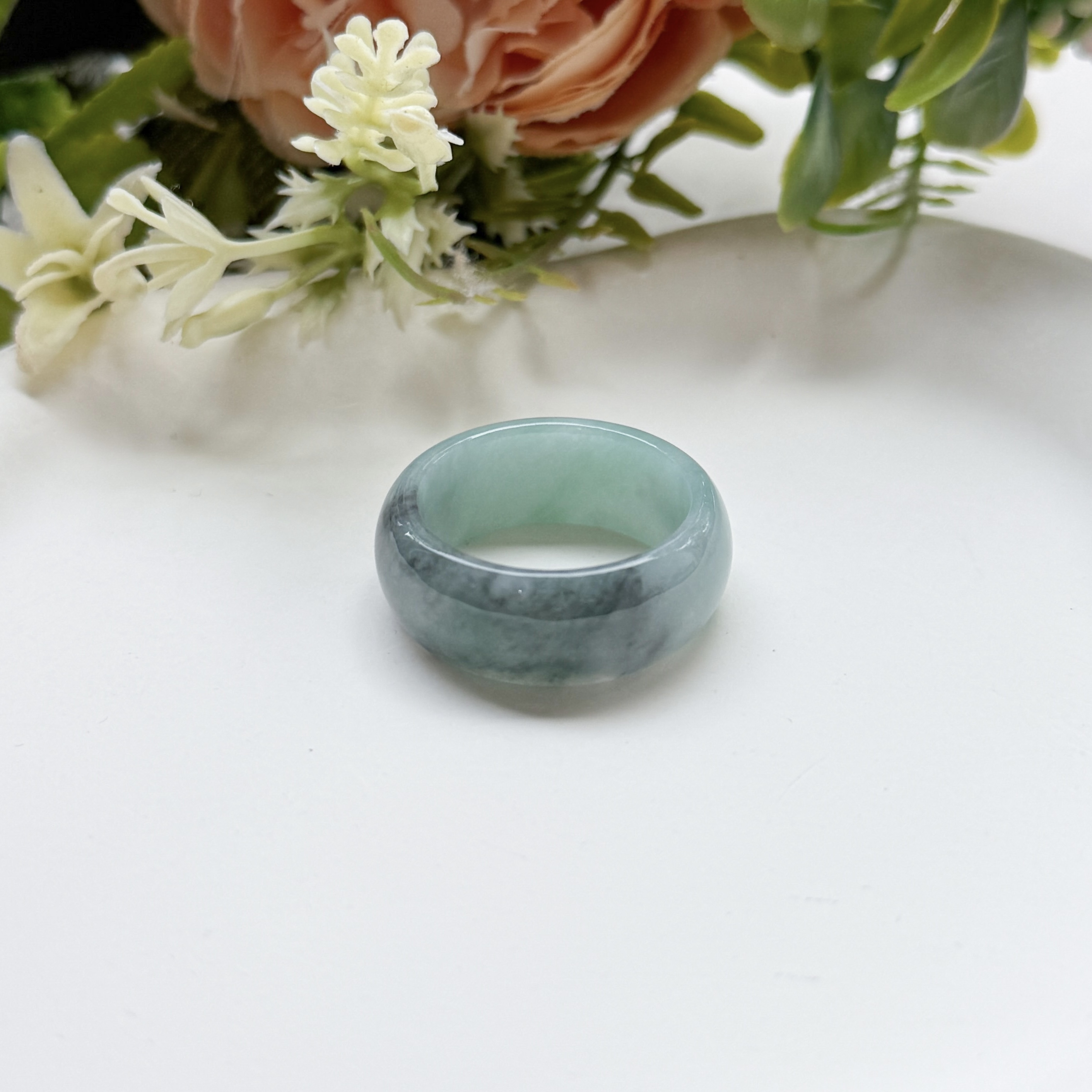 Grade A Flower Green Jade Full Jade Ring - TM
