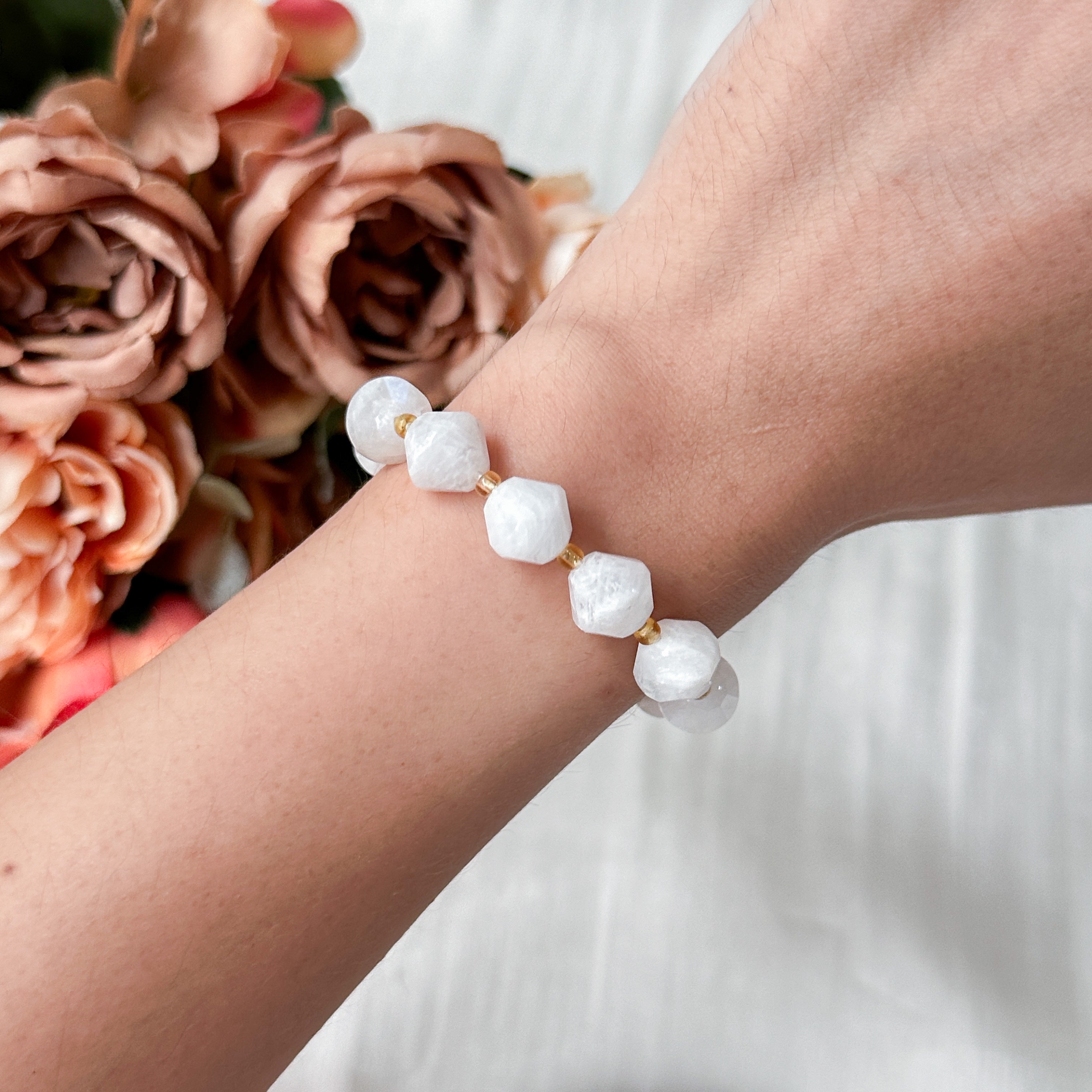 White Moonstone 10mm Bicone Bracelet