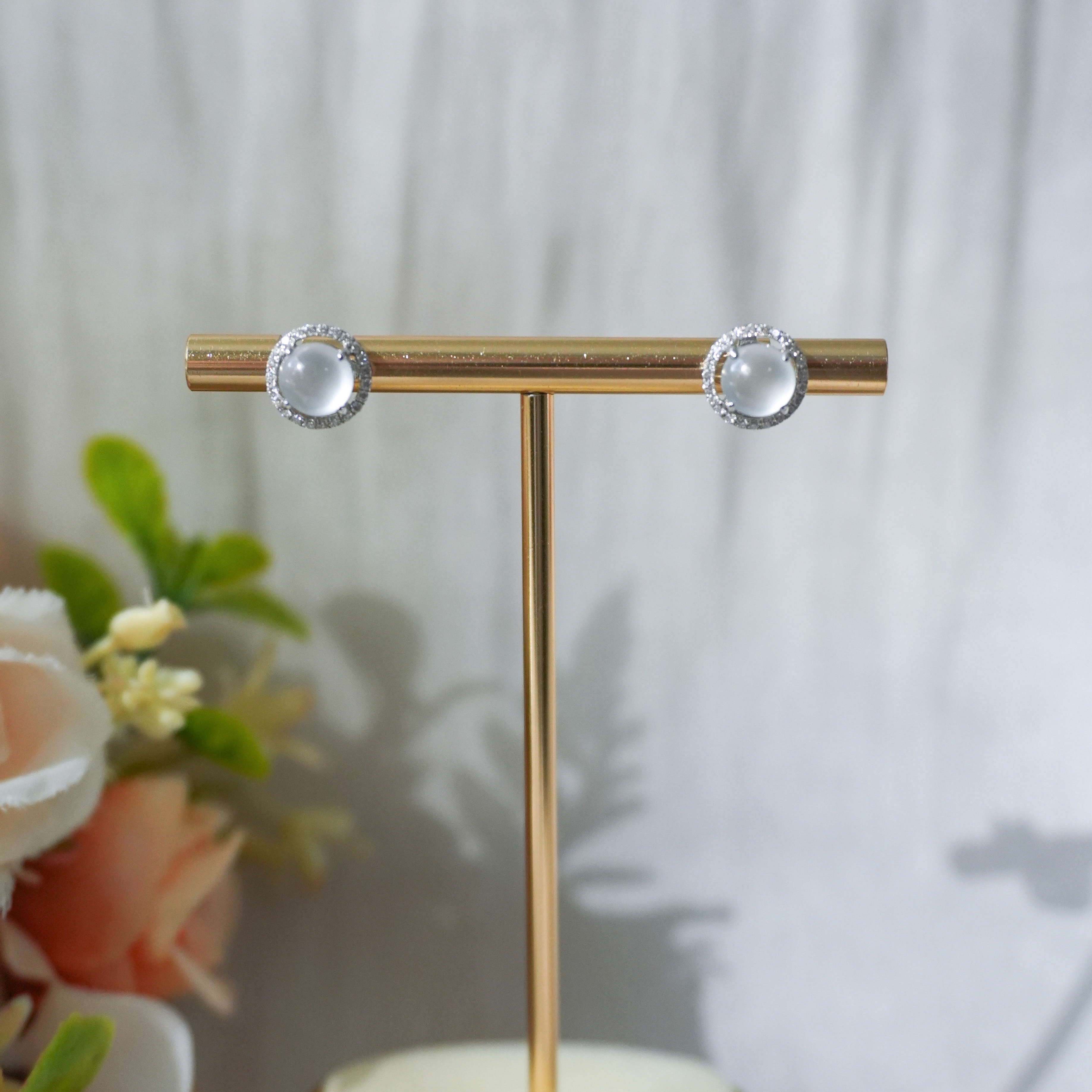 Grade A Ice Jade Cabochon Earrings - WG / Dia - ARM