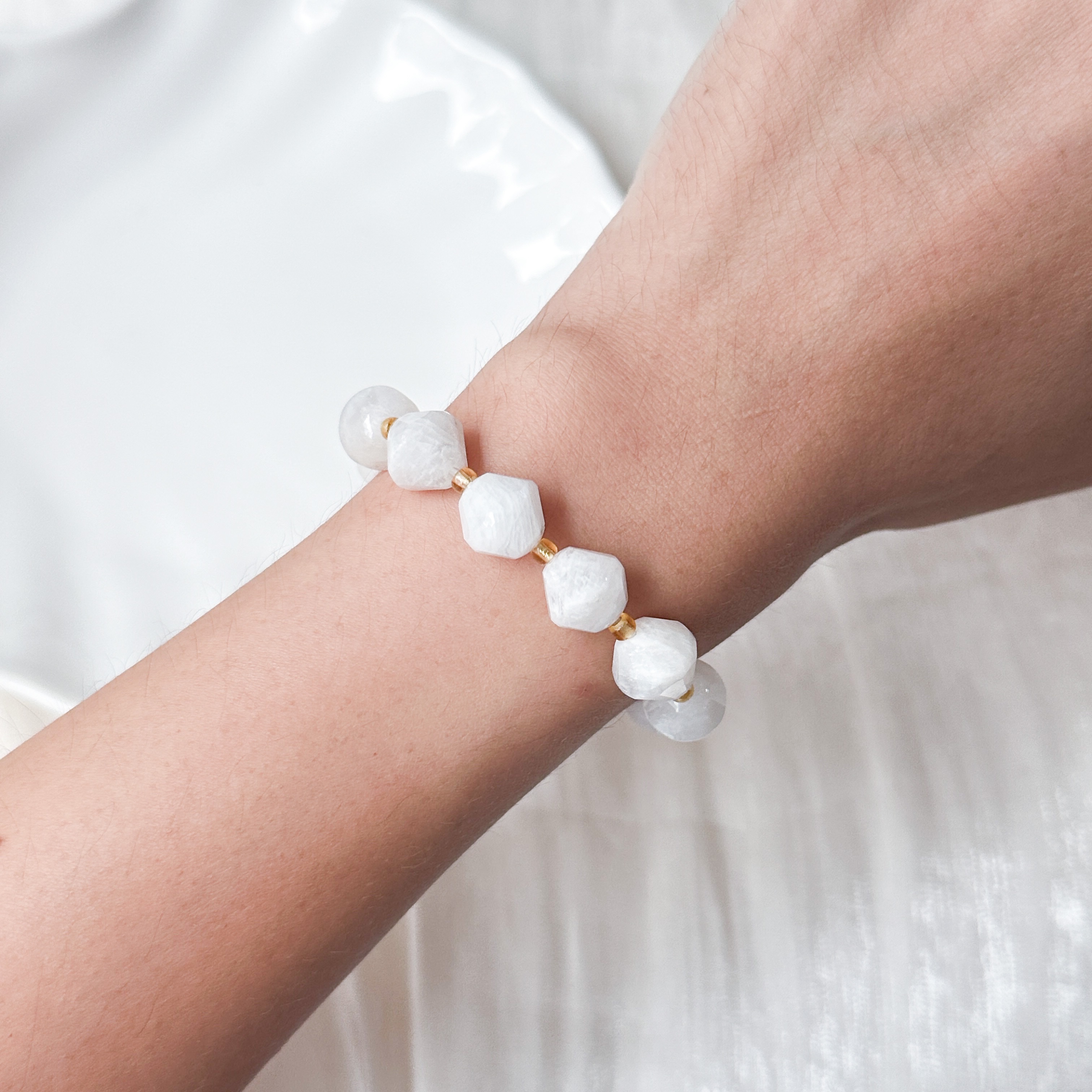 White Moonstone 10mm Bicone Bracelet