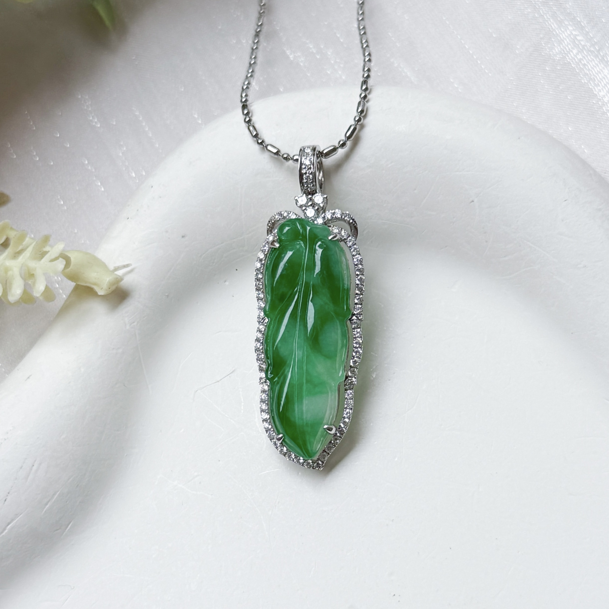 Grade A Apple Green Jade Leaf Pendant - 18K WG / Dia