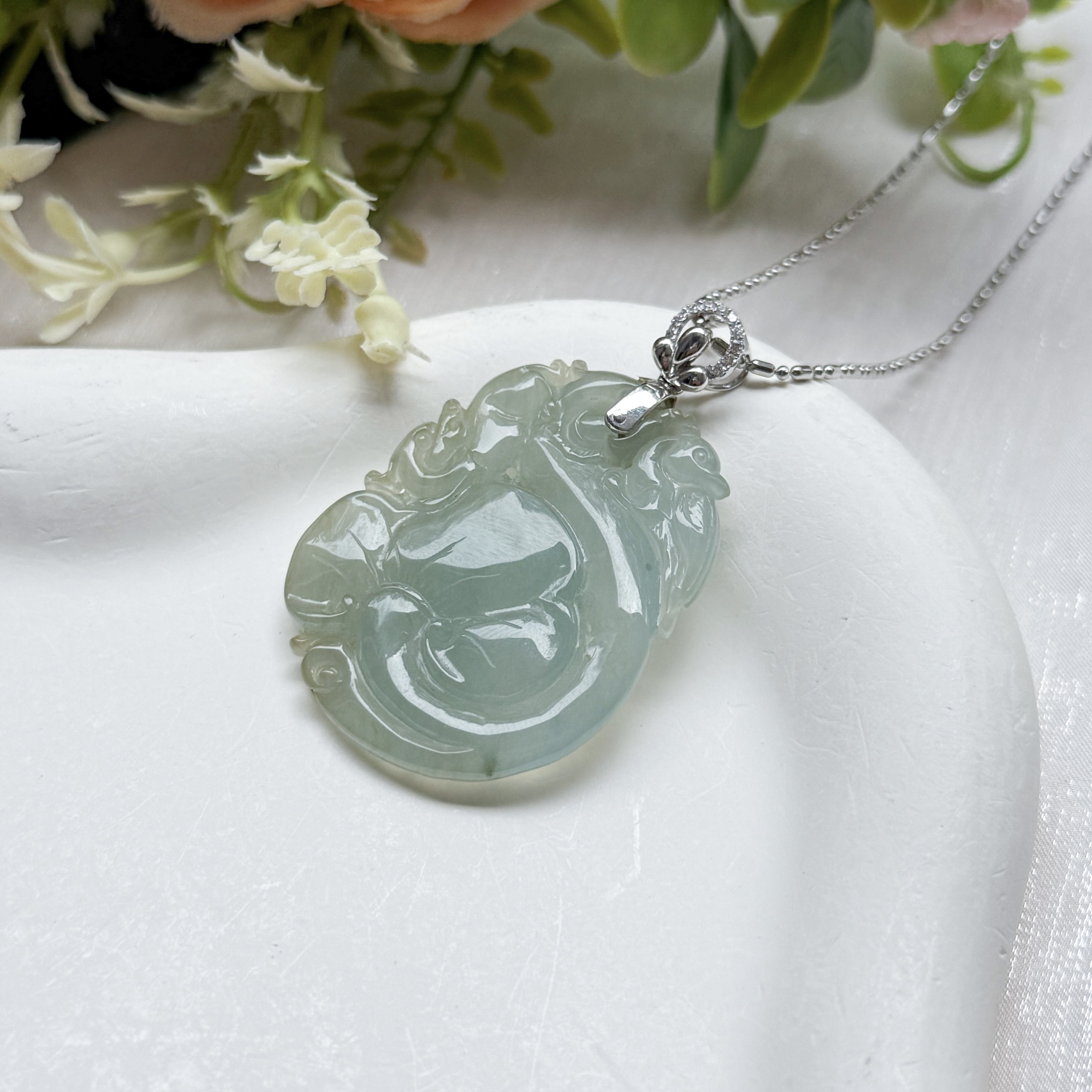 Grade A Ice Green Jade Prosperity Ruyi Pendant - 18K WG/Dia
