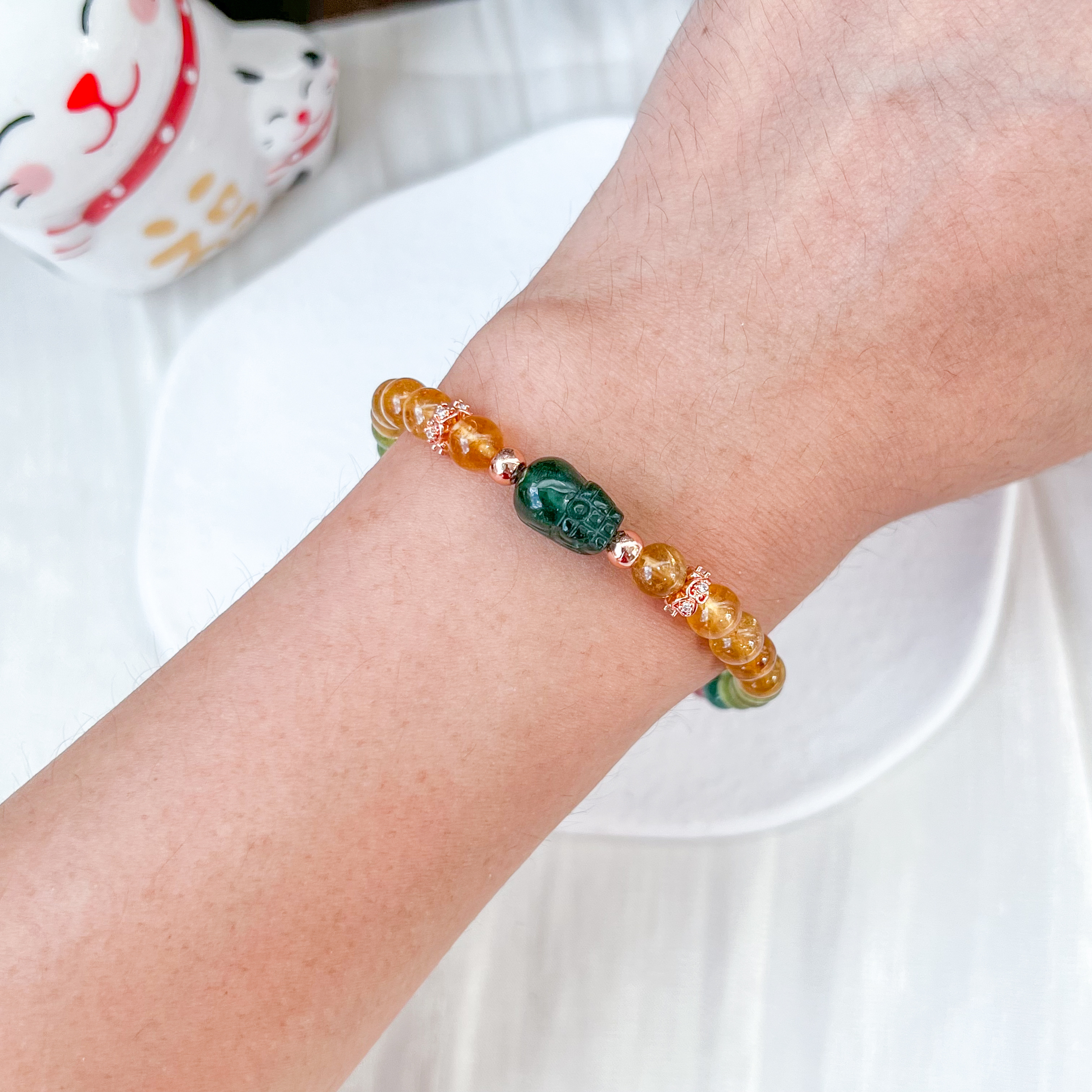 Tourmaline Pixiu with Rainbow Tourmaline Bracelet
