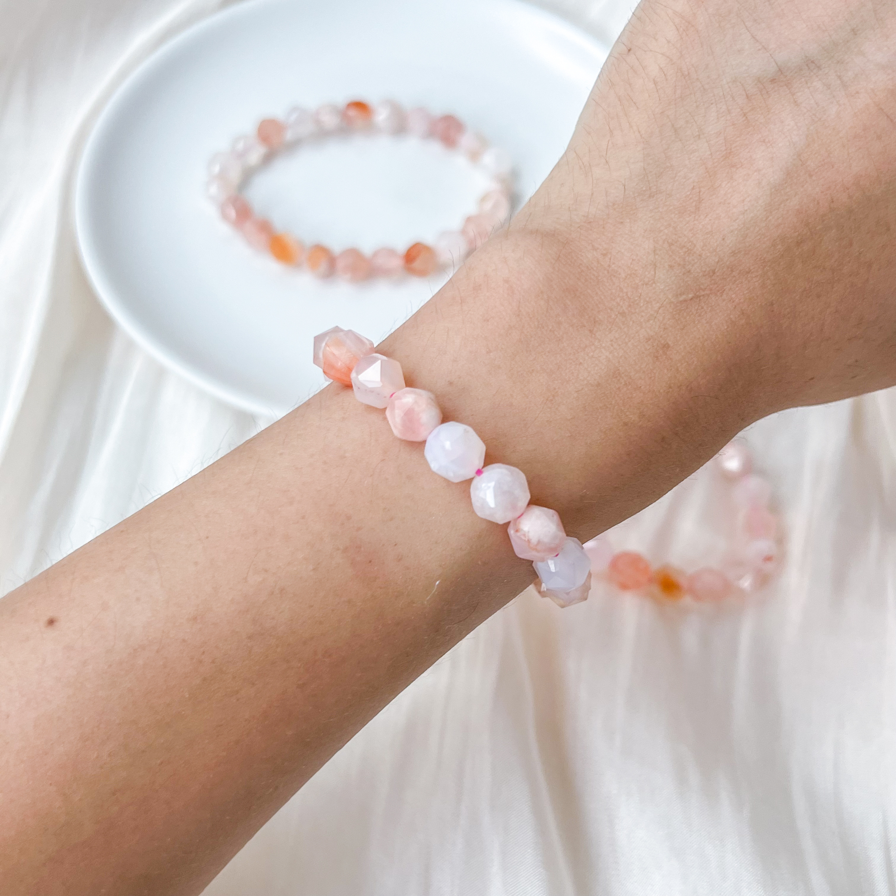 Peach Sakura Agate 7mm Diamond Bracelet