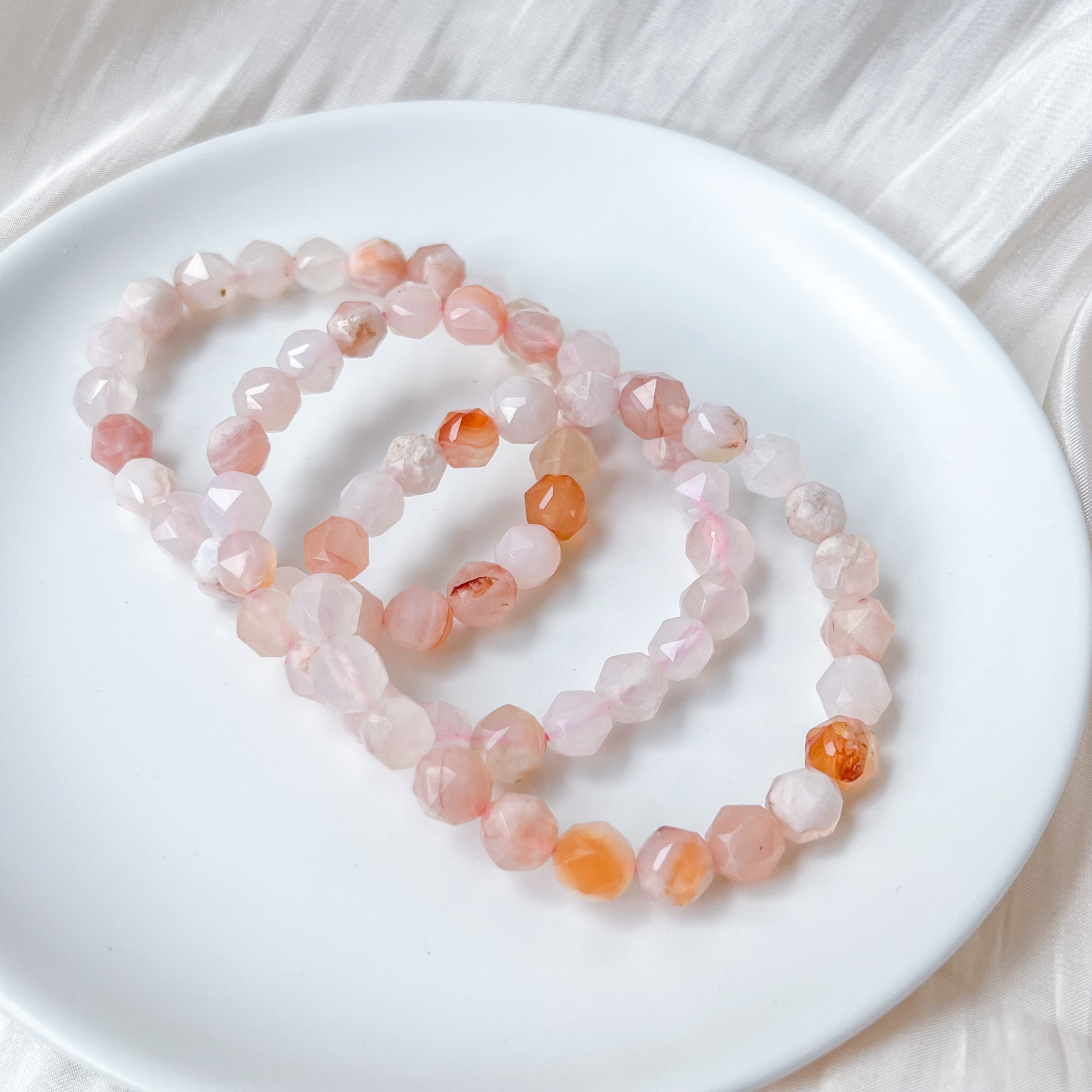 Peach Sakura Agate 7mm Diamond Bracelet