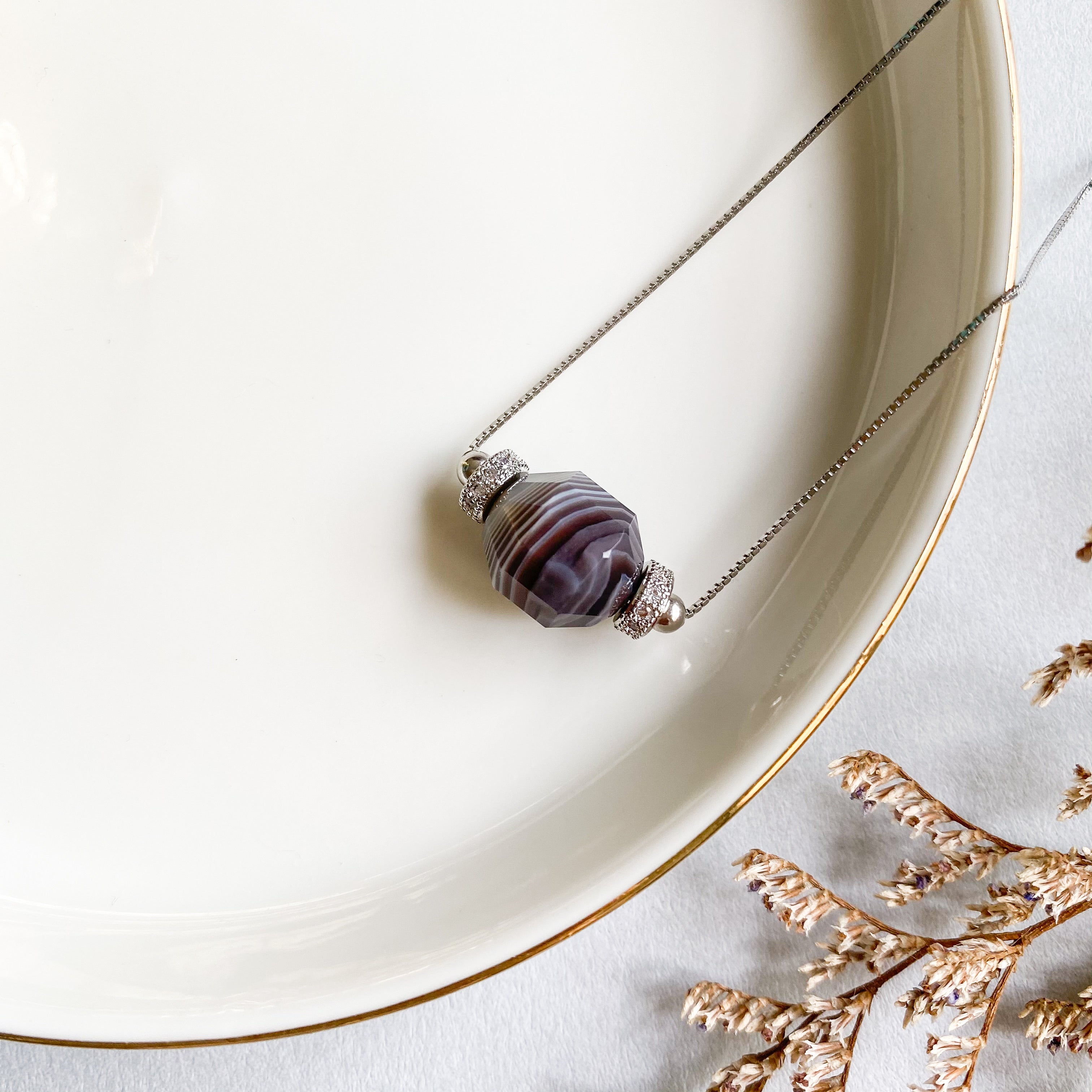 Botswana Agate Geometric Necklace (Dark)