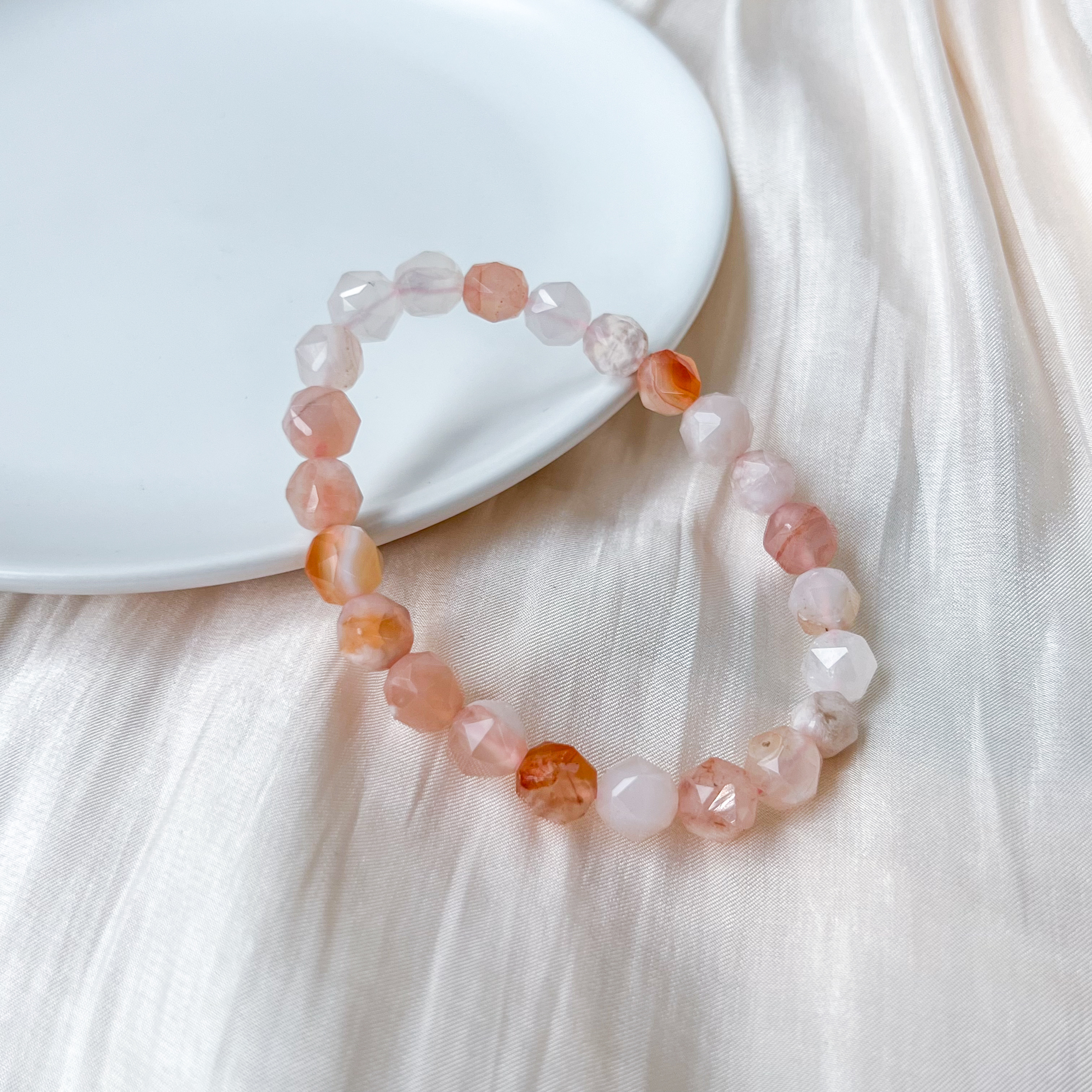 Peach Sakura Agate 7mm Diamond Bracelet