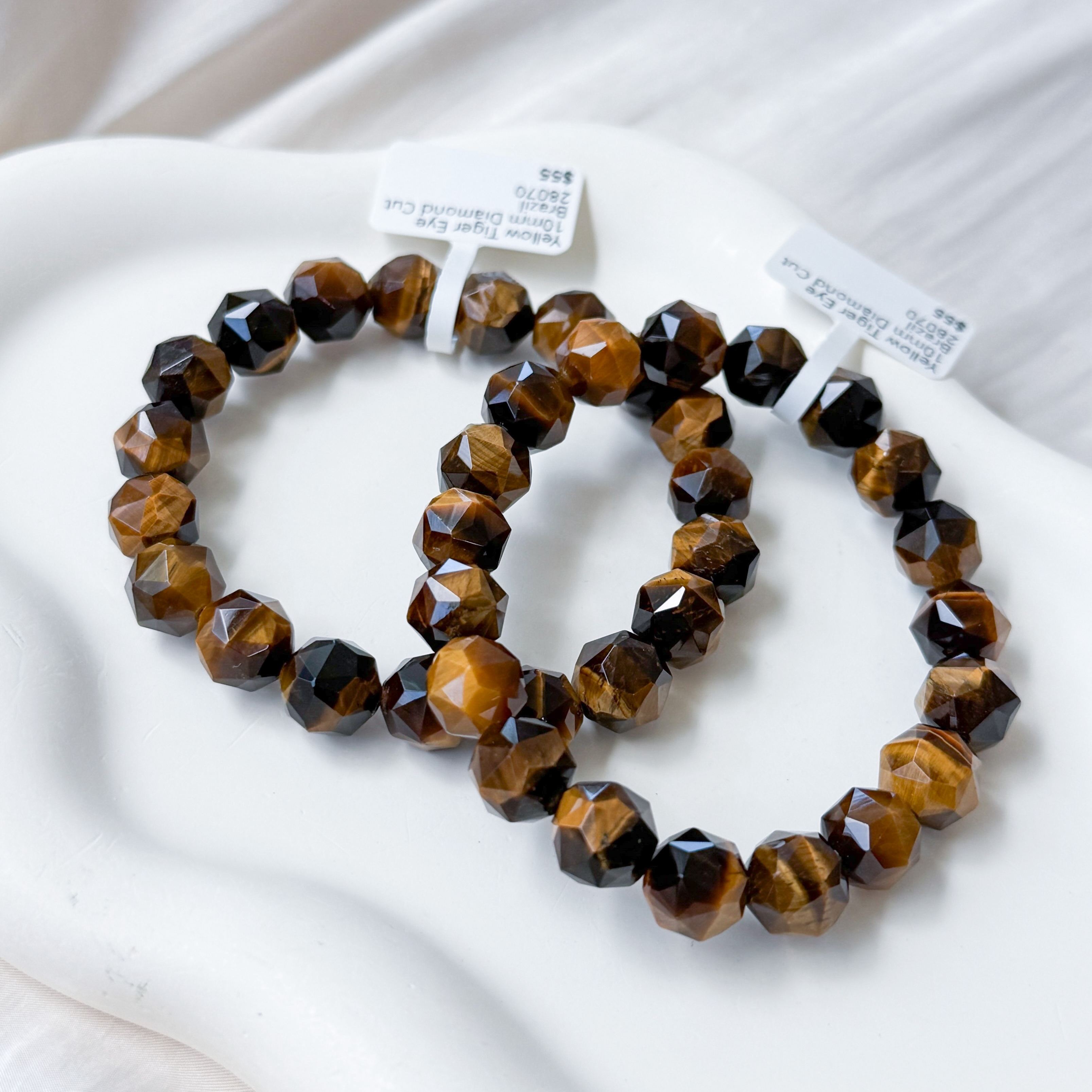 Yellow Tiger Eye 10mm Diamond Cut Bracelet