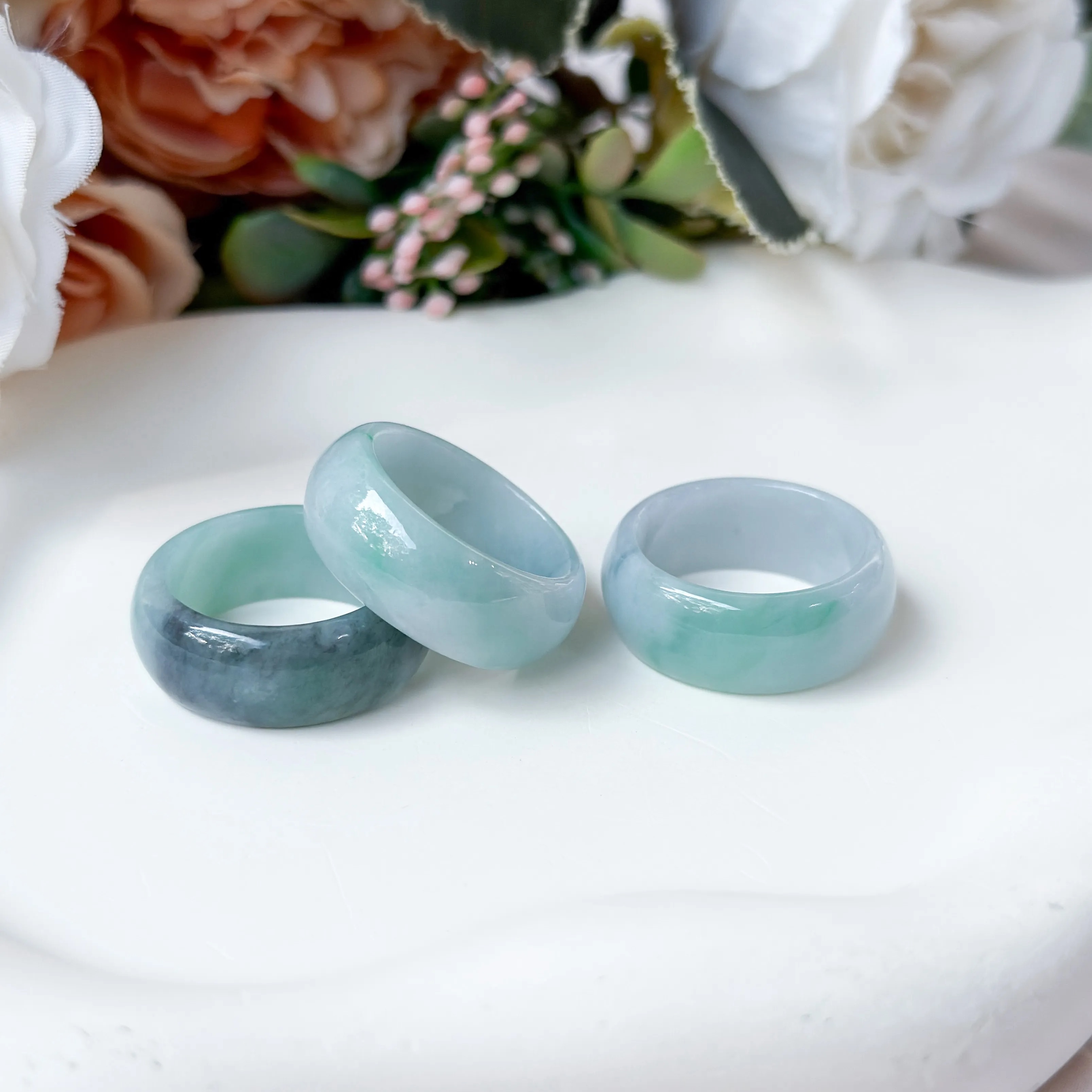 Grade A Flower Green Jade Full Jade Ring - TM