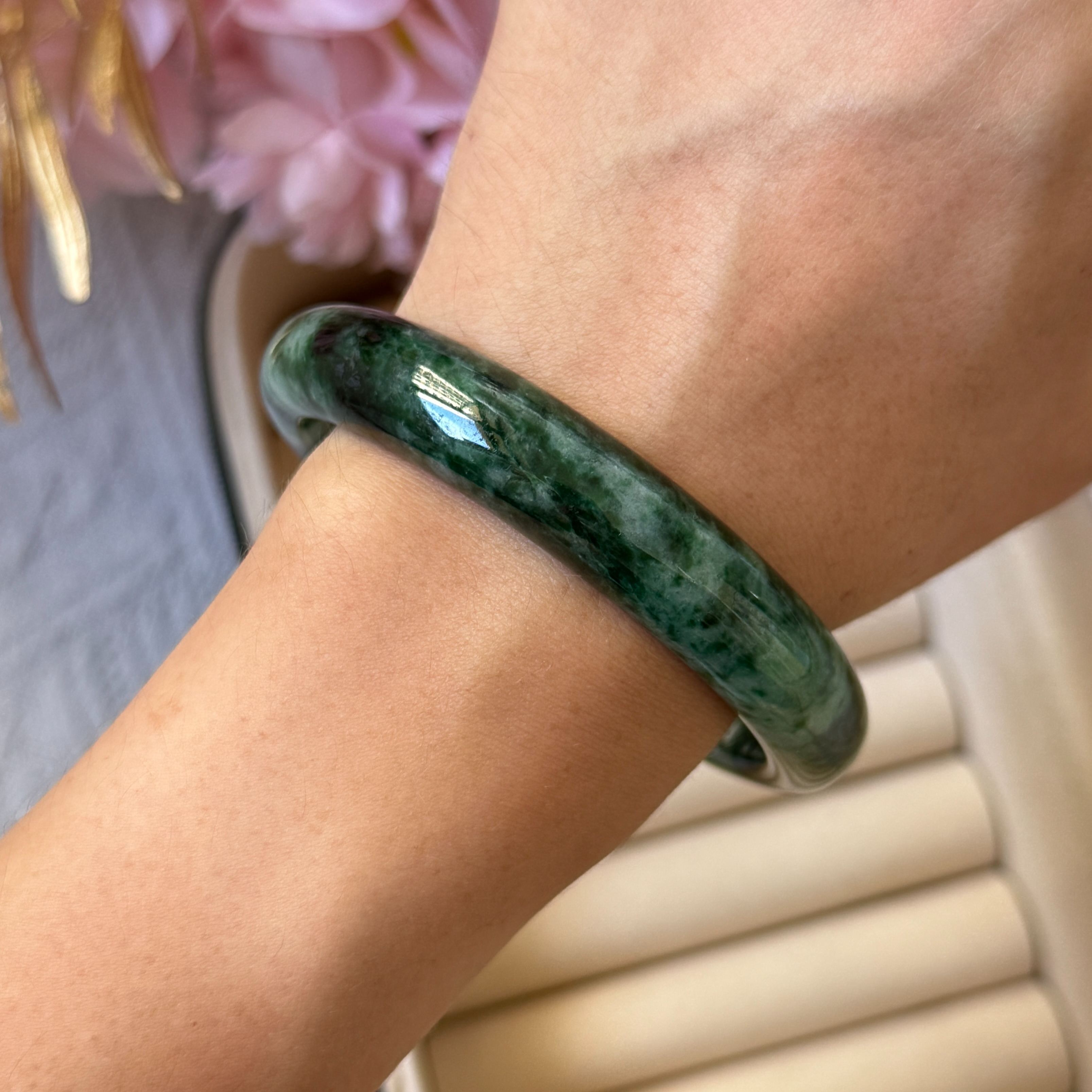 Grade A Monstera Flora Green Jade Bangle - S59+/51.3g