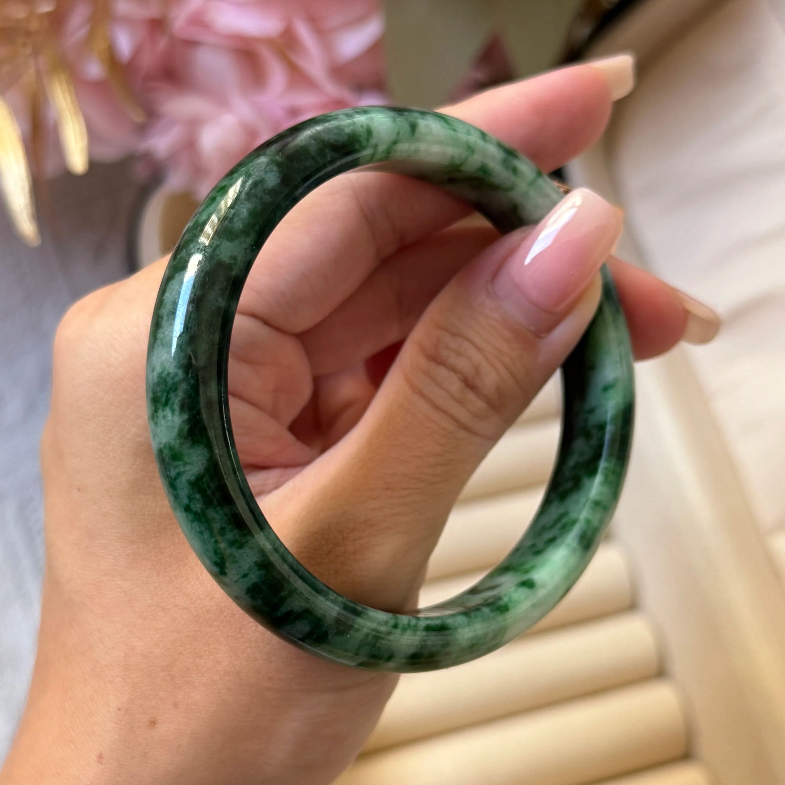 Grade A Monstera Flora Green Jade Bangle - S59+/51.3g