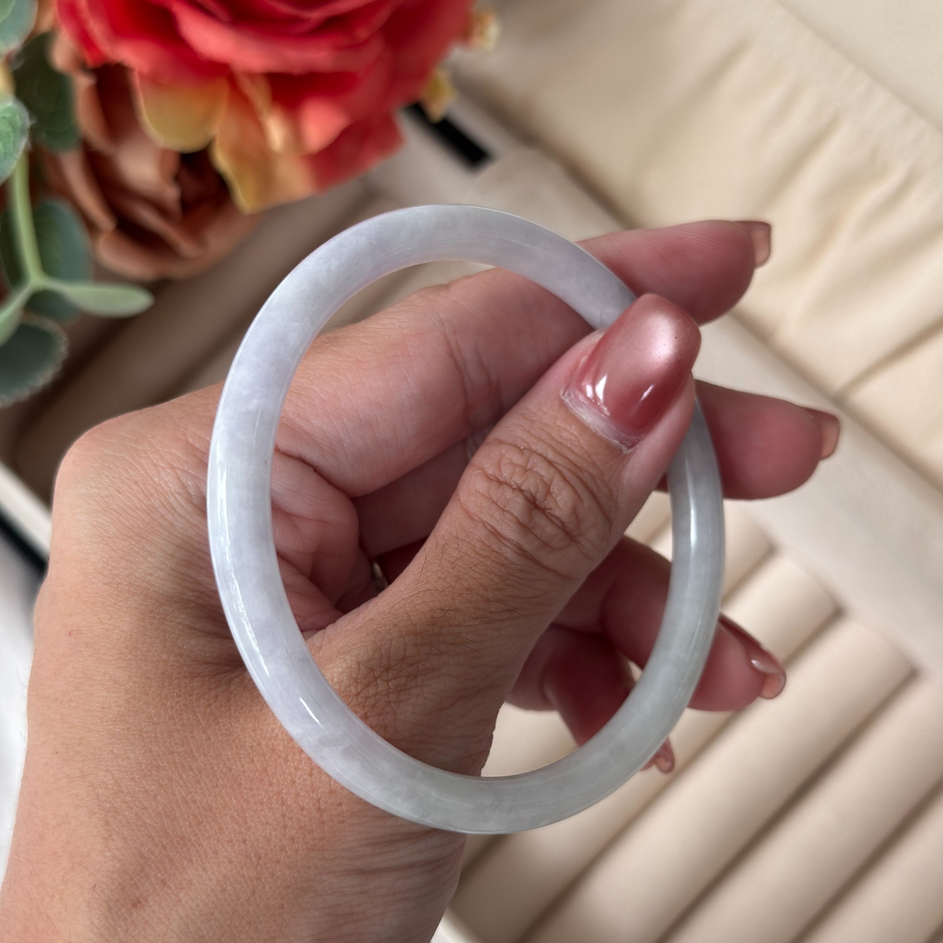 Grade A Dainty Lavender Green Jade Bangle Yuan Tiao - S57+/20.3g