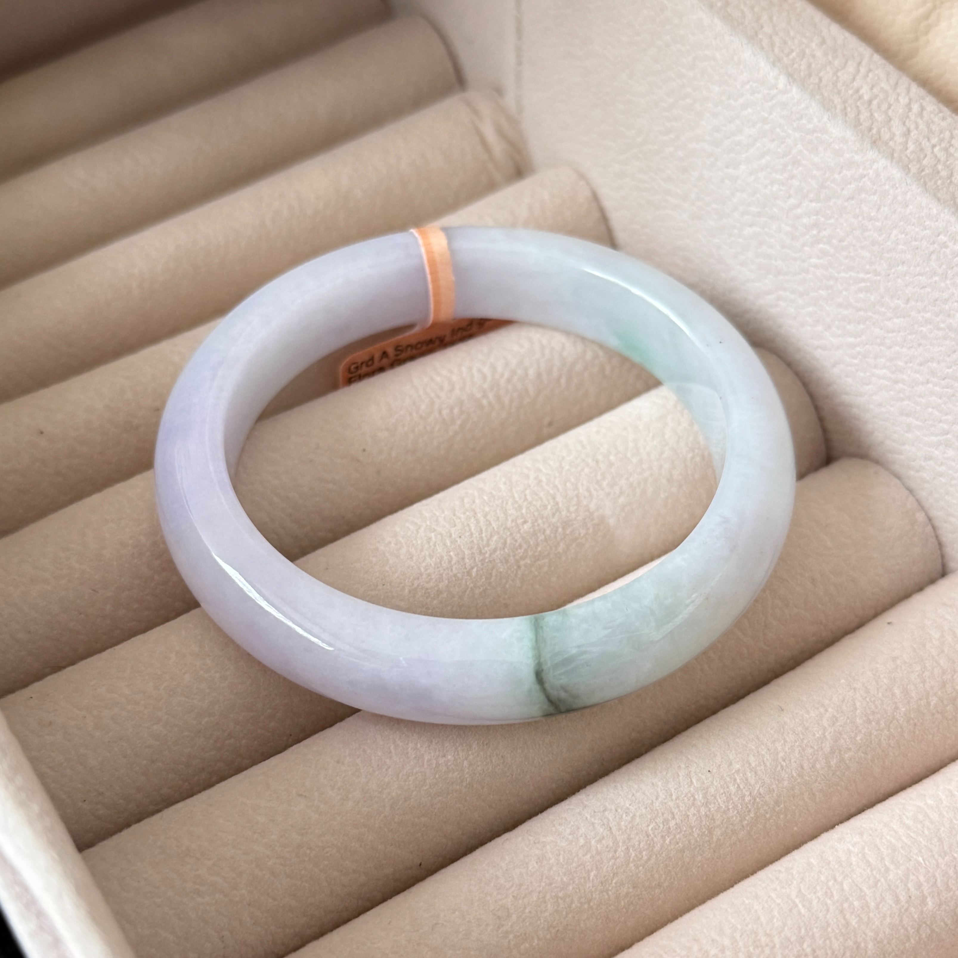 Grade A Snowy Indigo Flora Green Jade Bangle - S52/45.3g